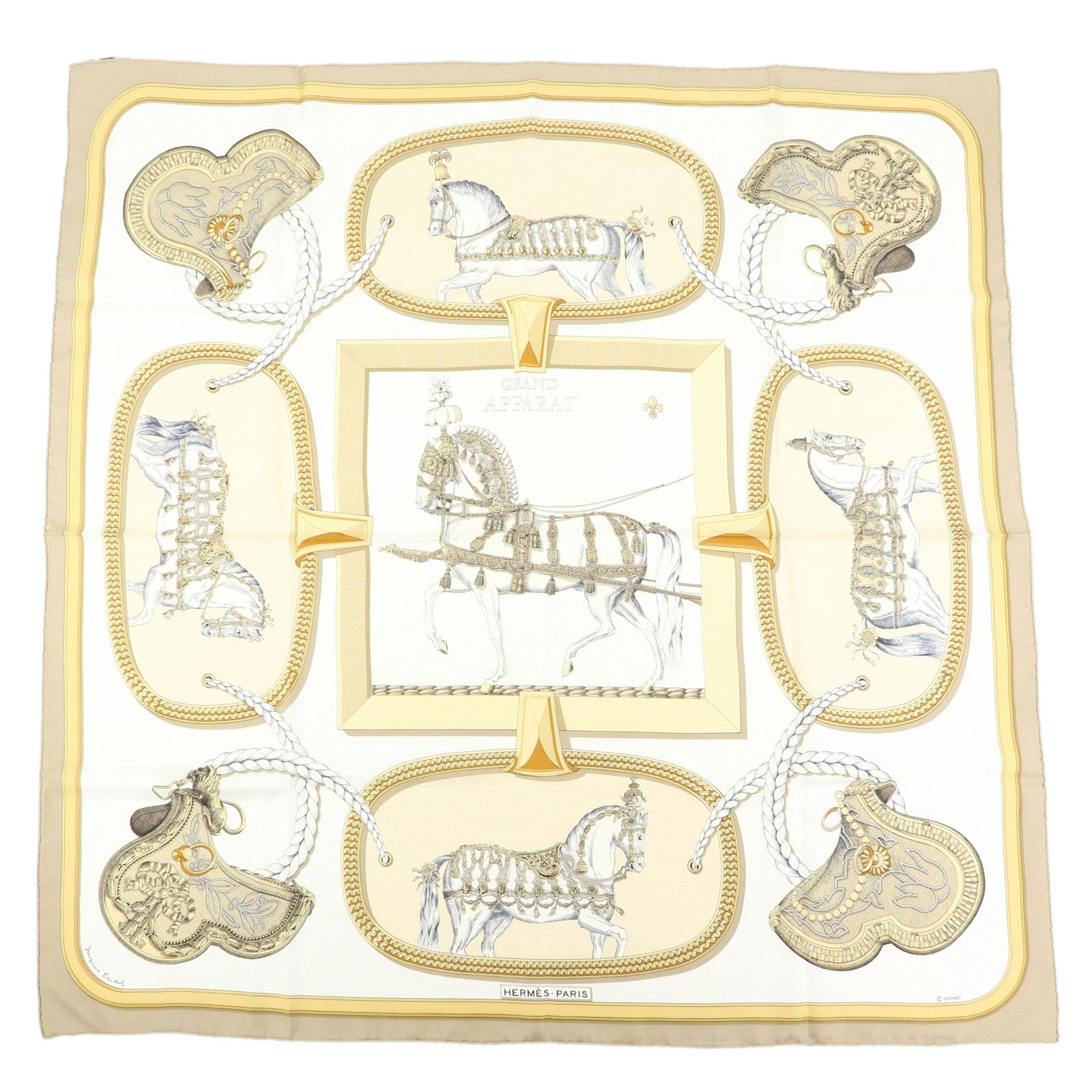 HERMES Carre 90 Silk 100% Scarf GRAND APPARAT White Beige