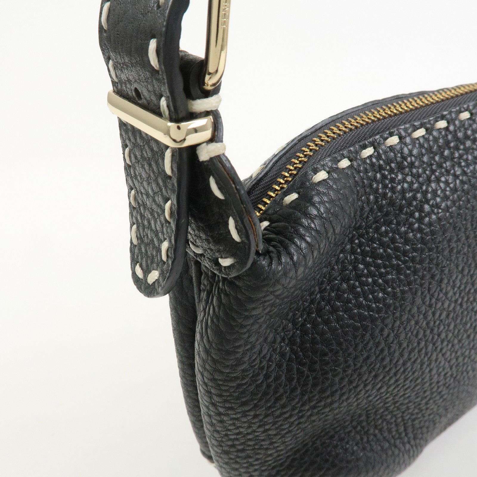 FENDI Selleria Logo Leather Shoulder Bag Hand Bag Black