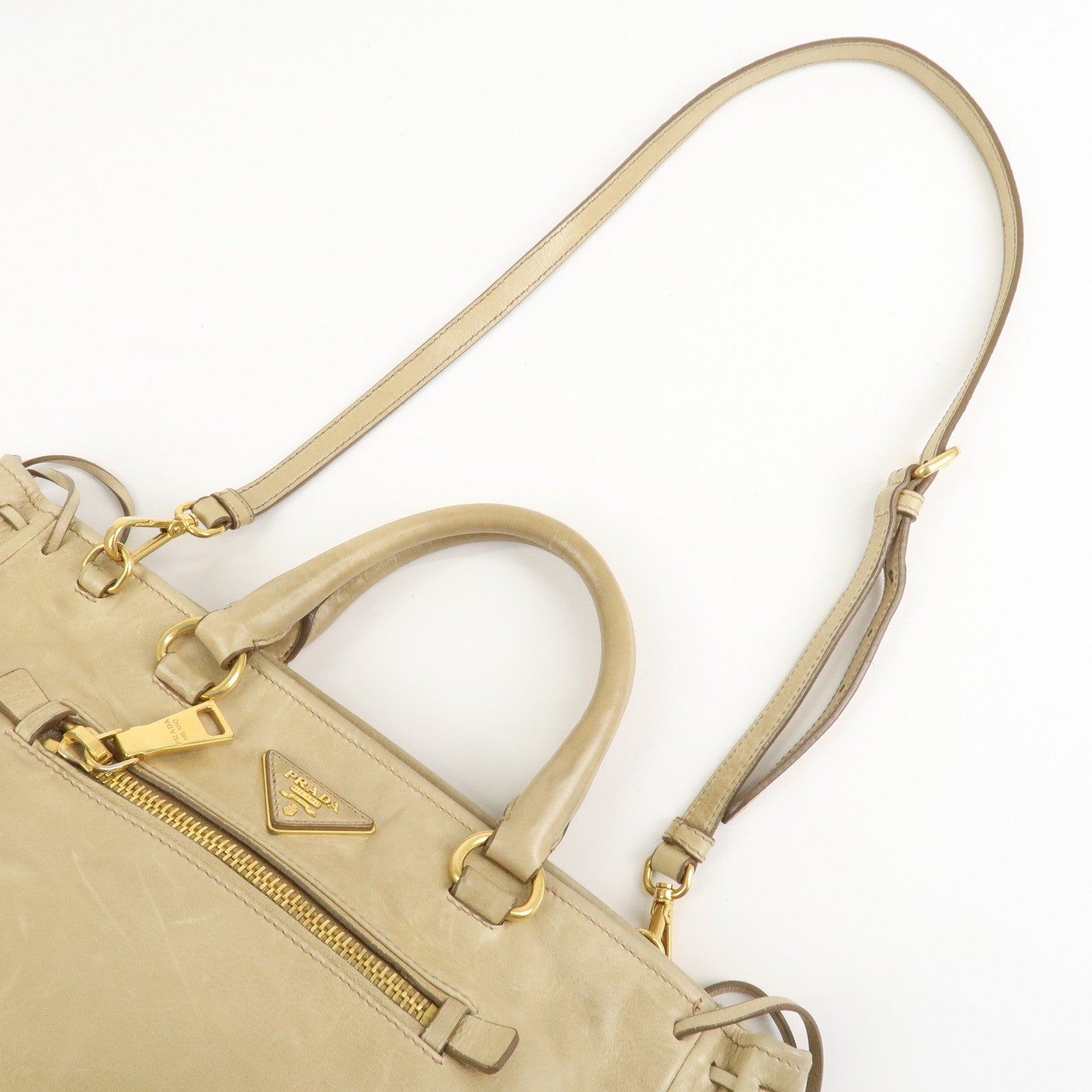 PRADA Triangle Logo VITELLOSHINE Leather 2Way Bag Beige BN1921