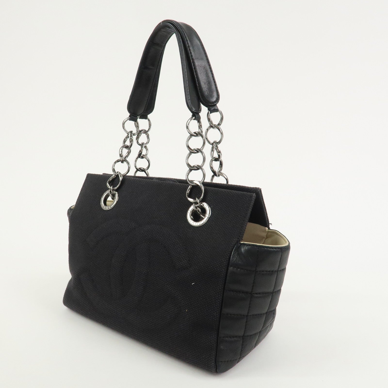 CHANEL Chocolate Bar Lamb Skin Canvas Shoulder Bag Hand Bag Black