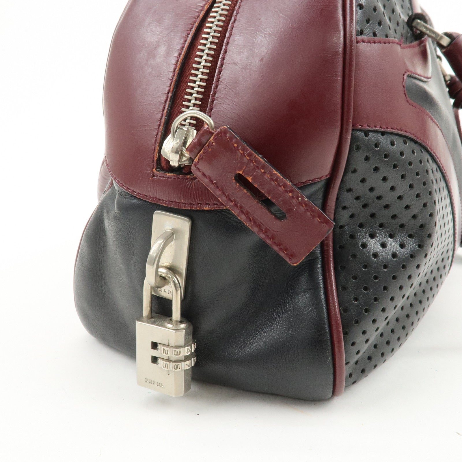 PRADA Leather Boston Bag Bowling Bag Hand Bag Black Bordeaux B10524