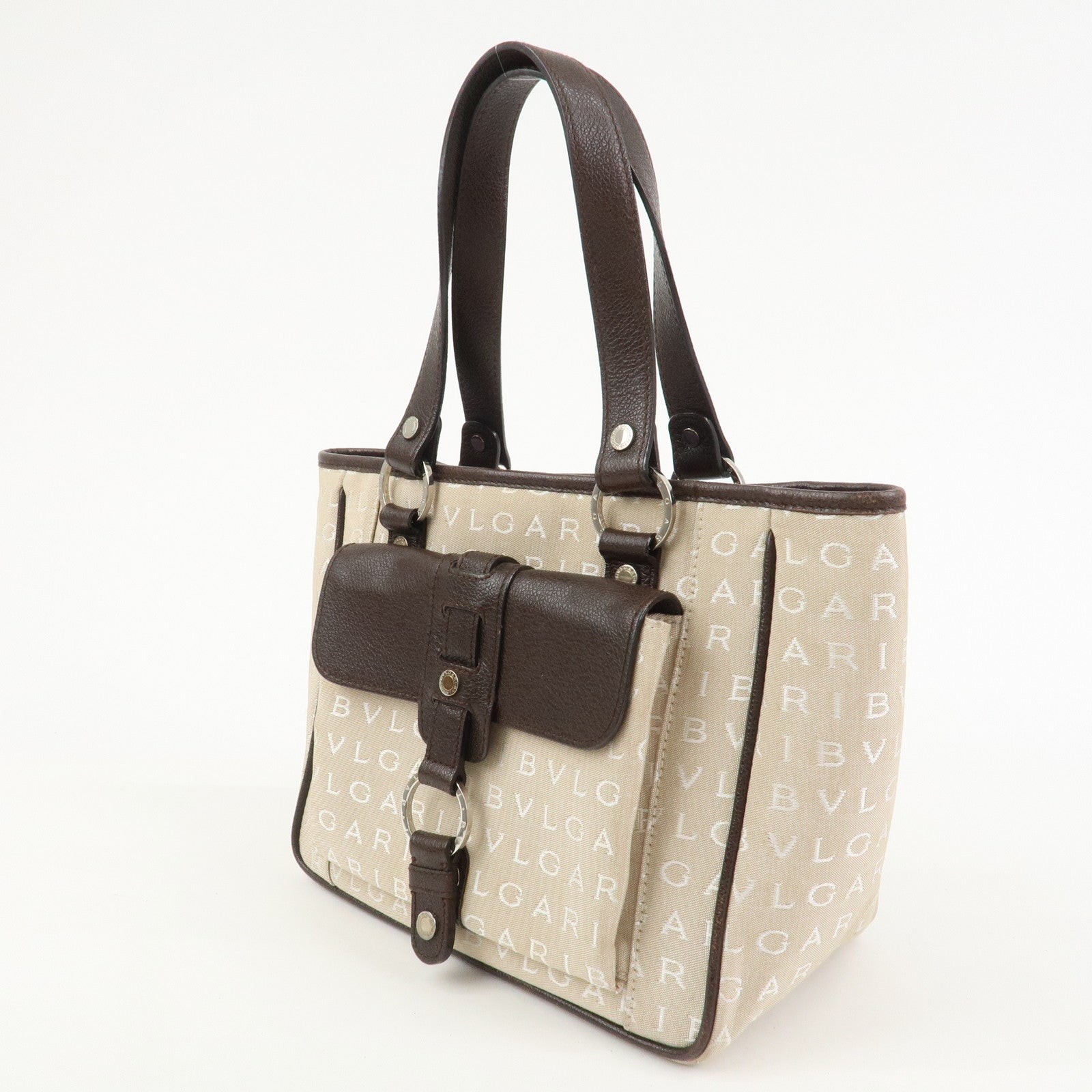 BVLGARI Logo Mania Canvas Leather Tote Bag Hand Bag Beige Brown