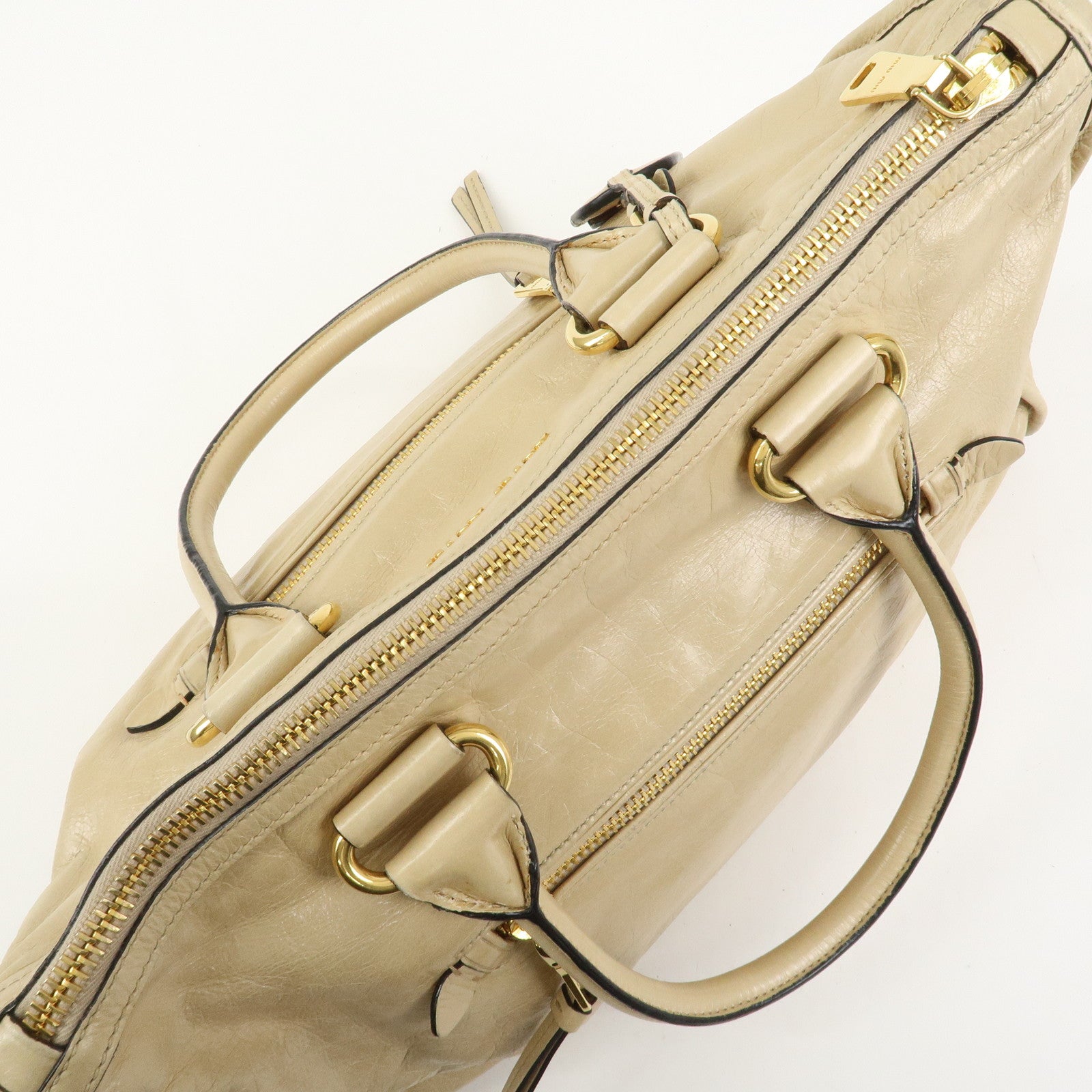 MIU MIU Logo Leather 2Way Bag Hand Bag Shoulder Bag Beige