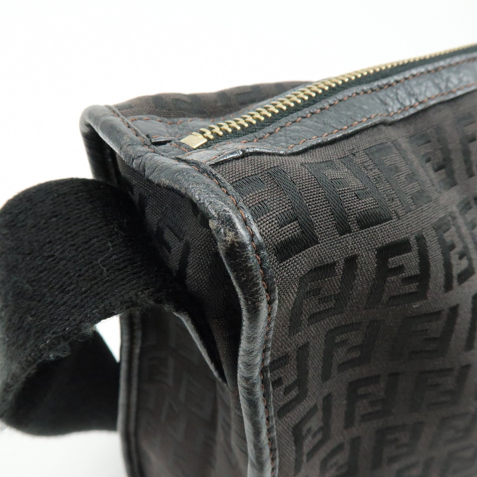 FENDI Zucchino Canvas Leather Shoulder Bag Dark Brown 8BT090