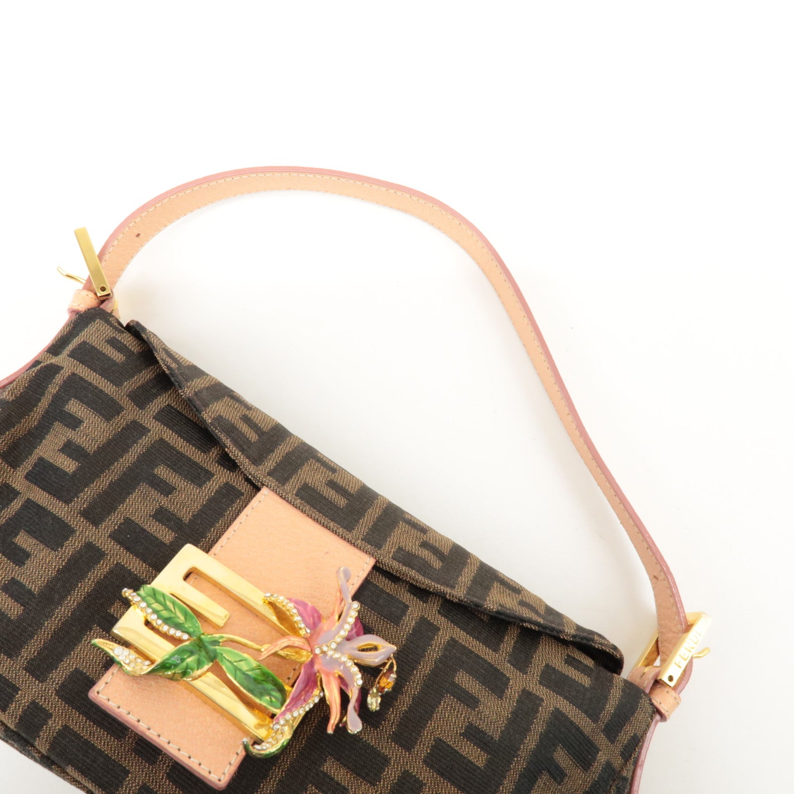 FENDI Zucca Canvas Leather Shoulder Bag Brown Pink Beige 26725 Used