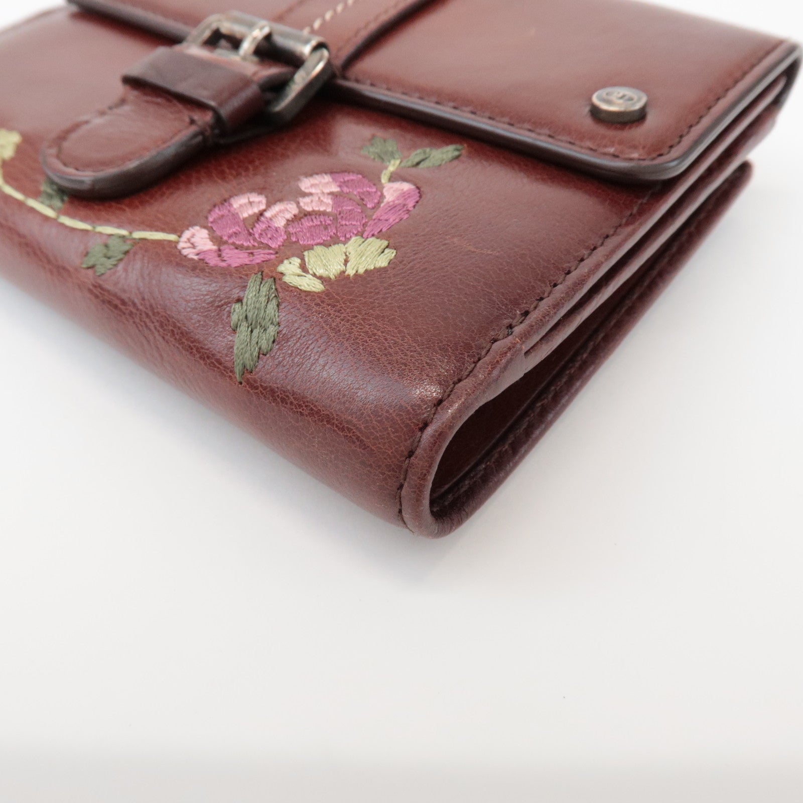 Christian Dior Leather Flower Embroidery Motif Compact Wallet Brown