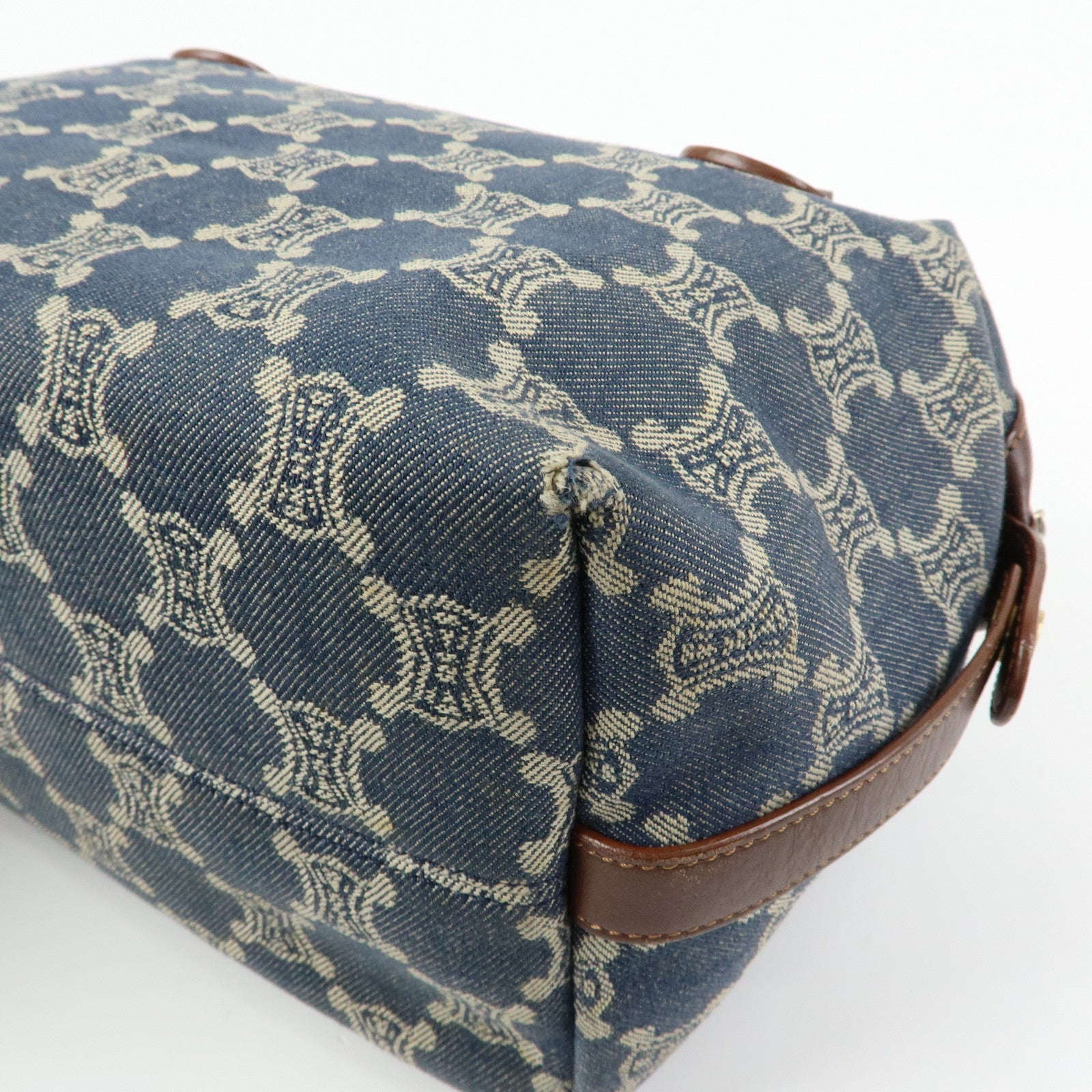 CELINE Macadam Denim Leather Shoulder Bag Hand Bag Blue Brown