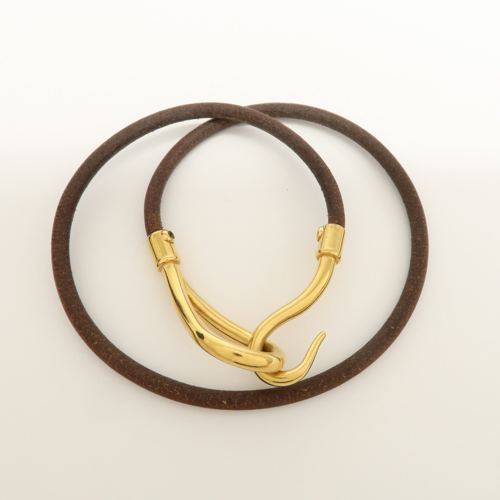 HERMES Logo Leather Metal Jumbo Choker Bracelet Brown