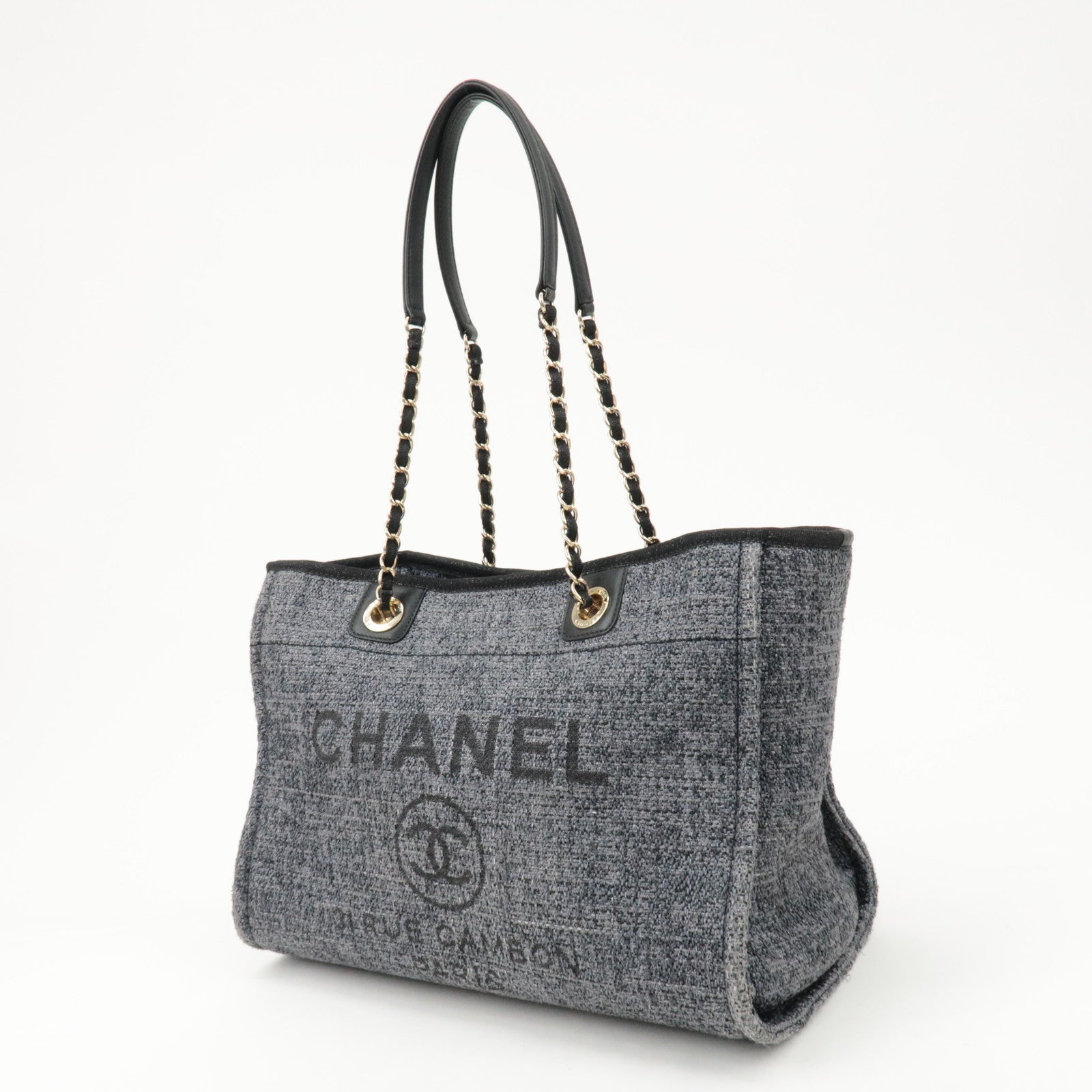 CHANEL Deauville Raffia Leather Chain Tote Bag MM Navy A66941 Used