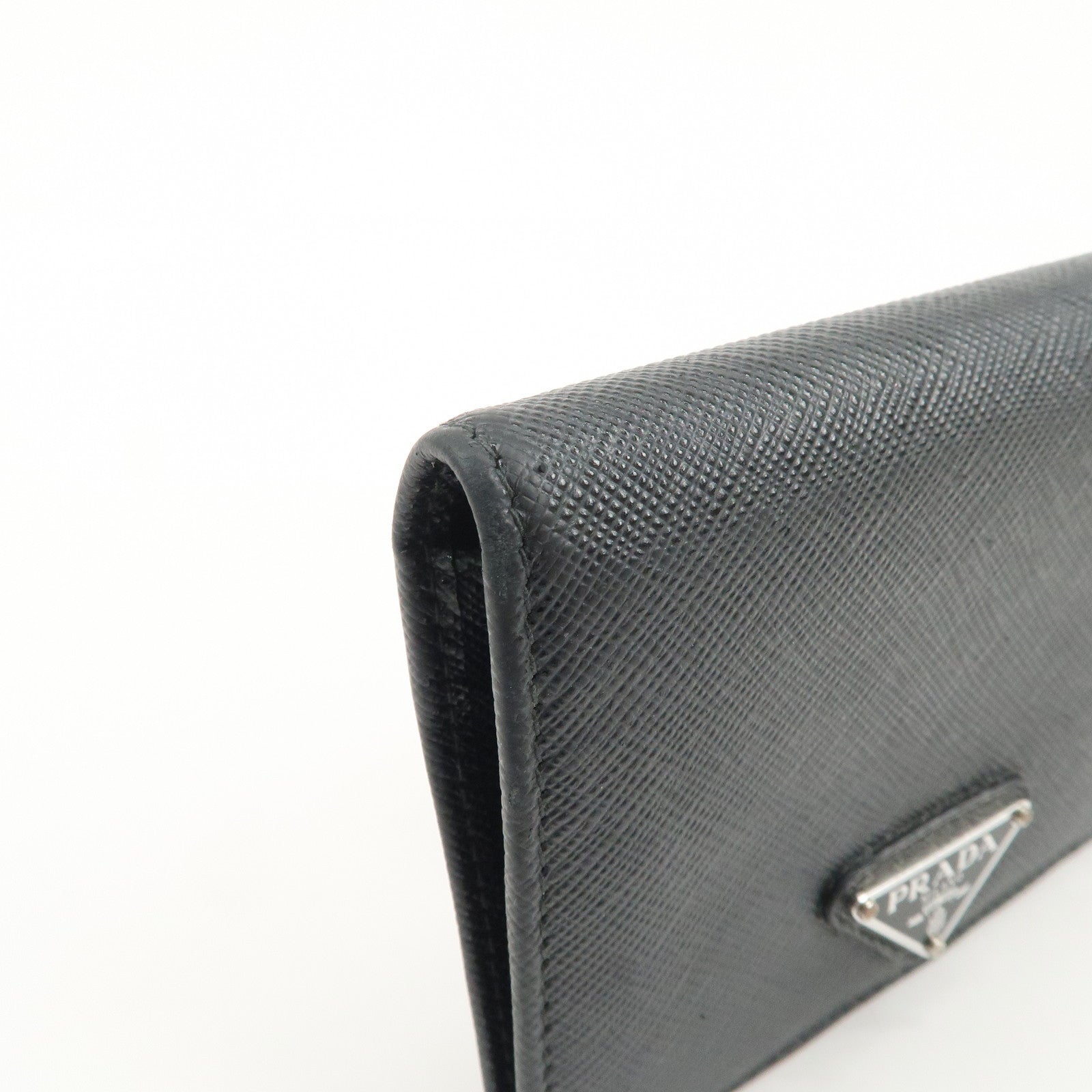 PRADA Triangle Logo Saffiano Leather Bi-Fold Compact Wallet Black