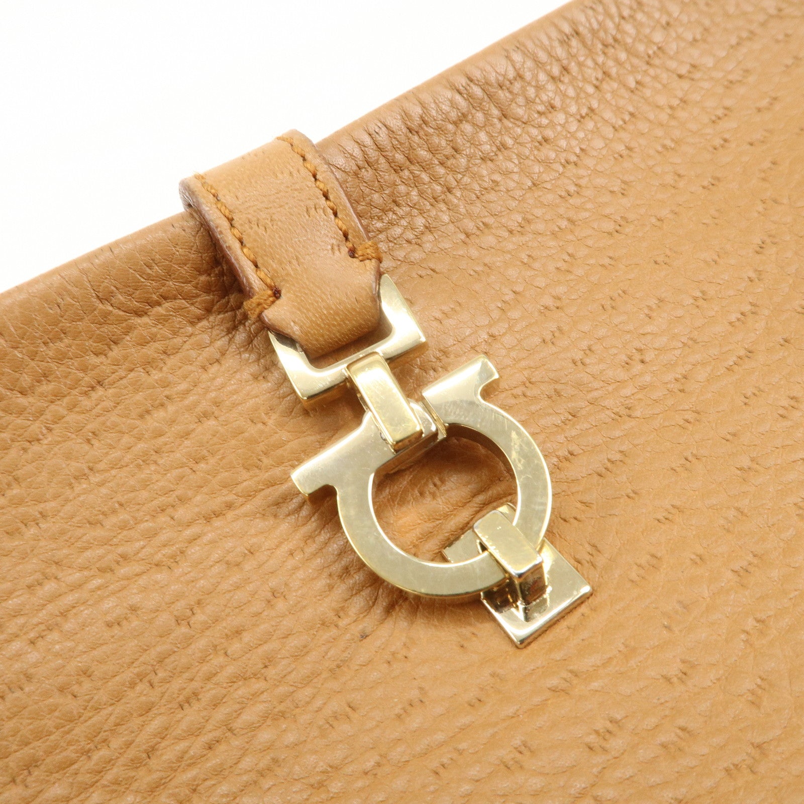 Ferragamo Gancini Leather Shoulder Bag Hand Bag Brown Gold