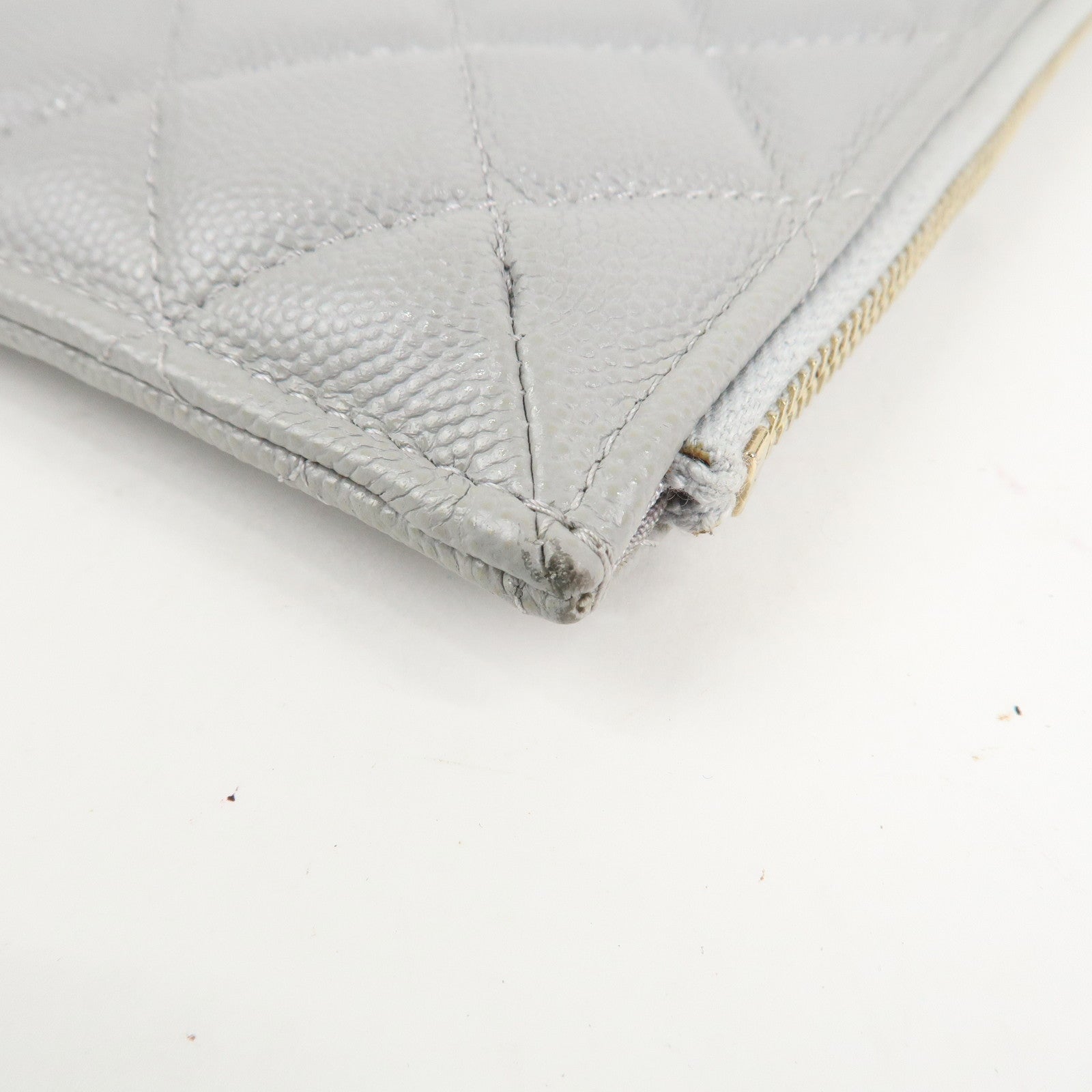 CHANEL Matelasse Caviar Skin Coco Mark Classic Pouch Card Case Gray Used