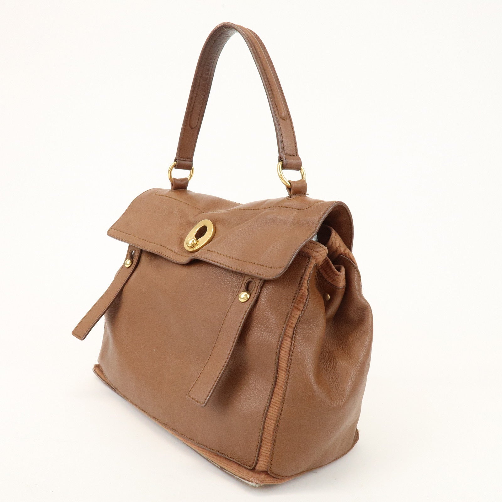 SAINT LAURENT PARIS Muse Two Leather Canvas Hand Bag Brown 229680