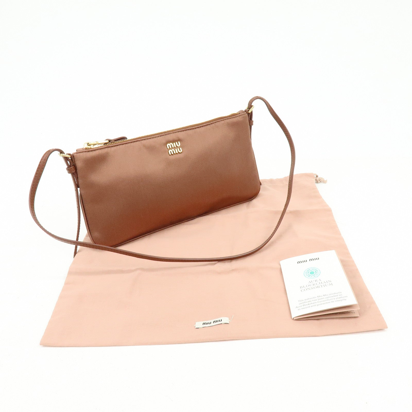 MIU MIU Logo Satin Mini Hand Bag Shoulder Bag Brown 5NI007