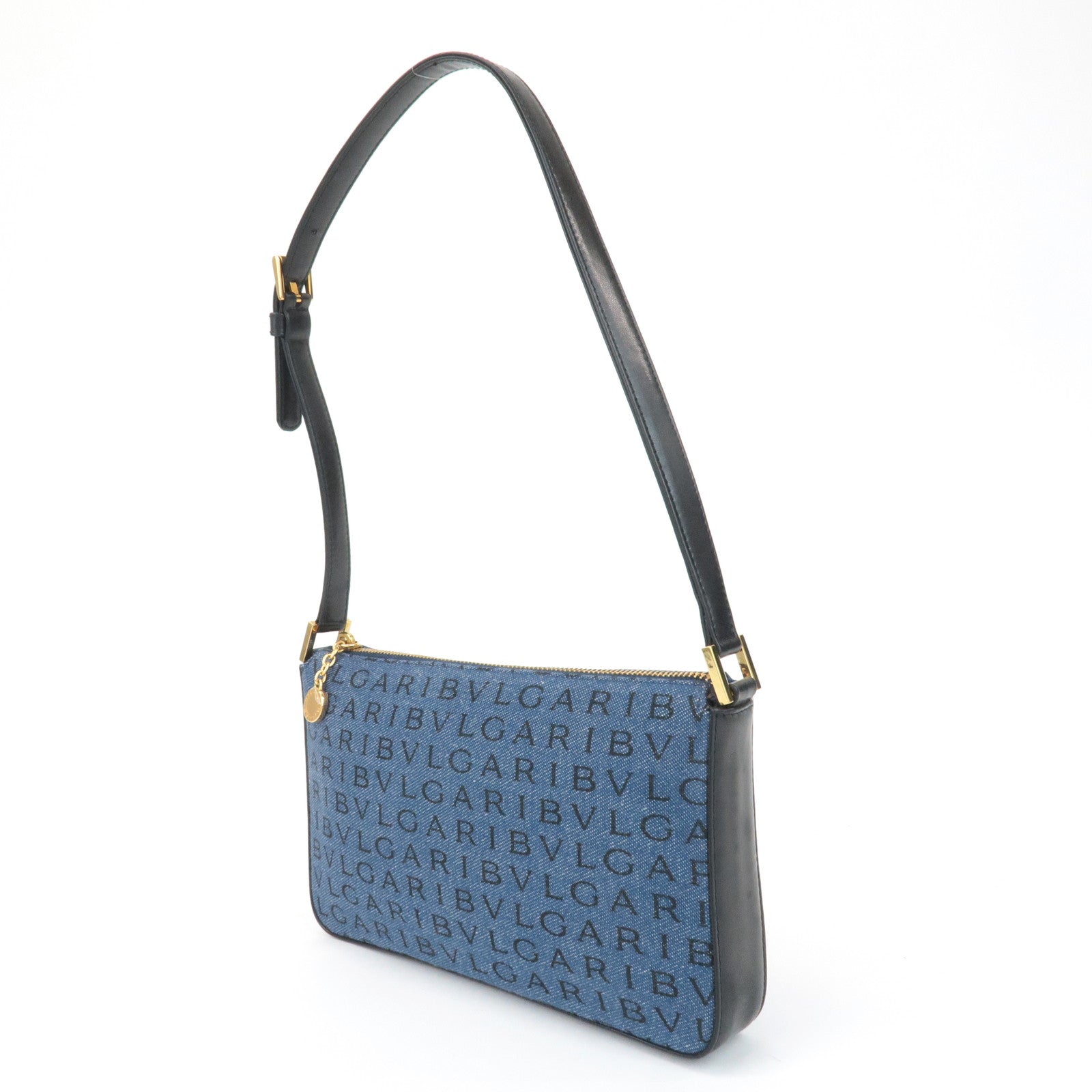 BVLGARI Logo Mania Denim Shoulder Bag Black Navy Blue Used