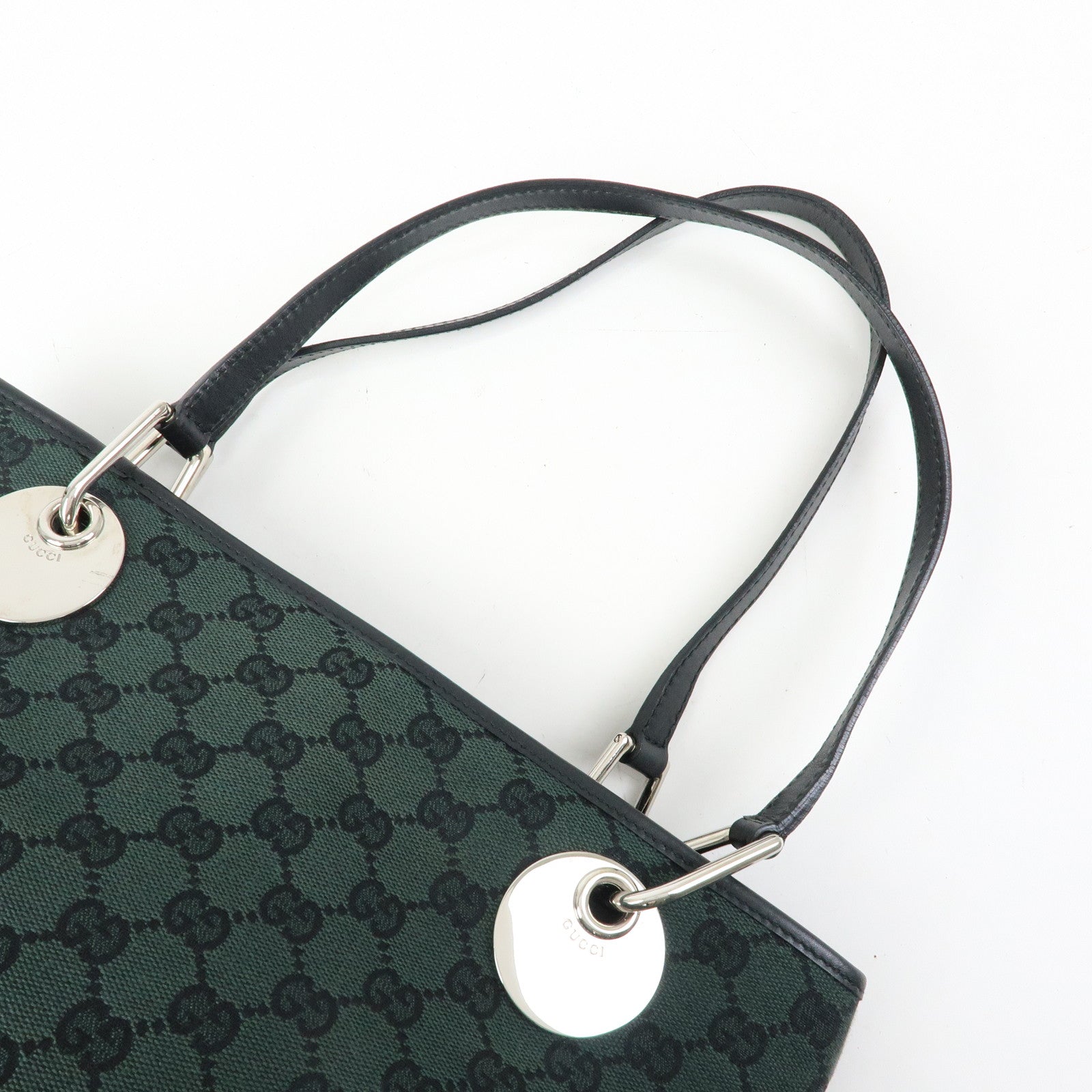 GUCCI GG Canvas Leather Tote Bag Hand Bag Green Black 285583