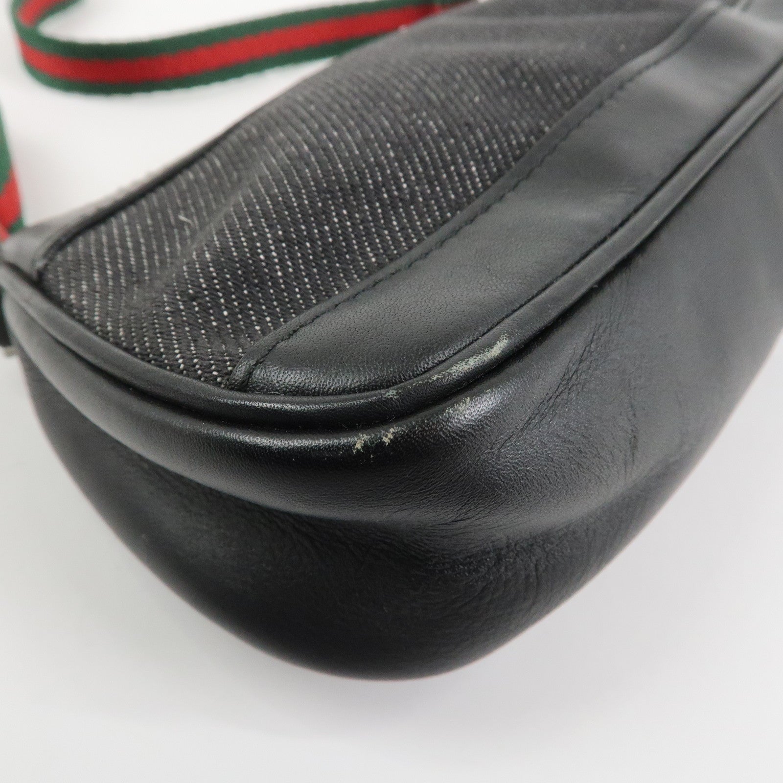 GUCCI Sherry Denim Leather Accessory Pouch Hand Bag Black 92820