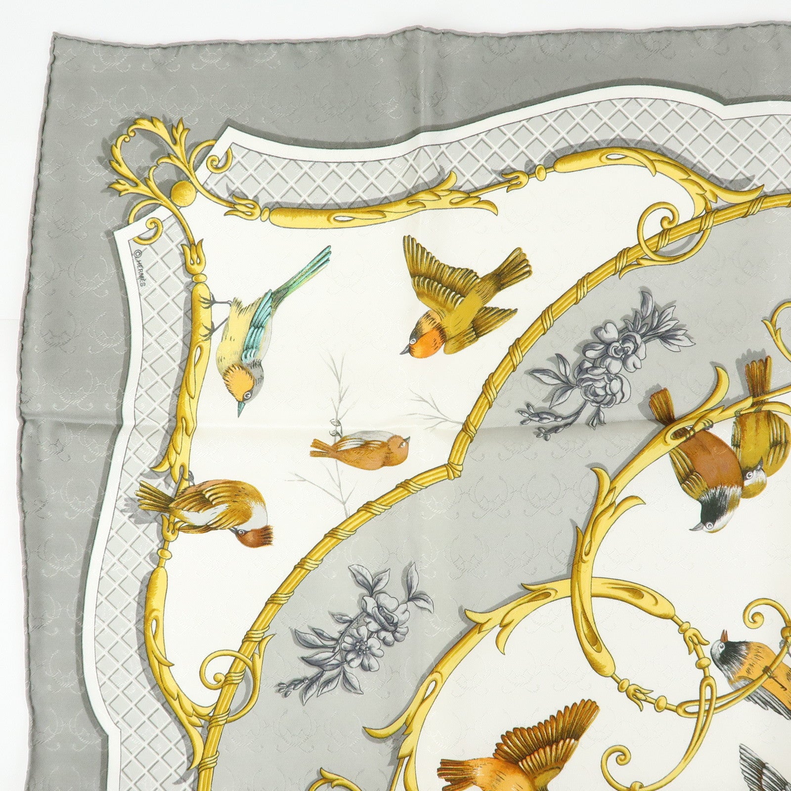 HERMES Carre 90 Silk 100% Scarf LA CLE des CHAMPS Gray Gold Brown