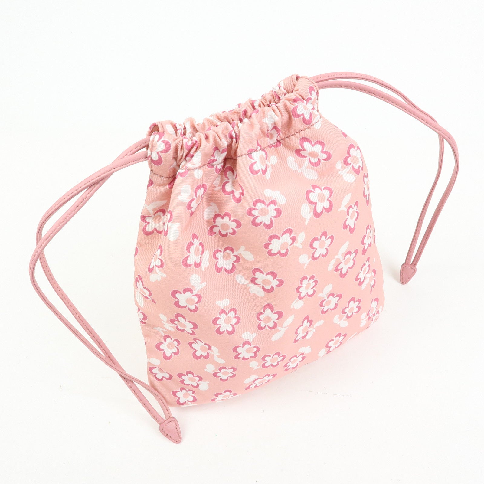 MIU MIU Logo Nylon Leather Drawstring Pouch Flower Motif 5NG003