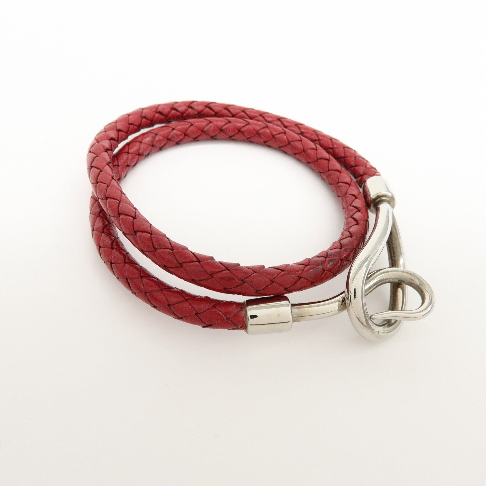 HERMES Jumbo Choker Double Tour Leather Metal Bracelet Red Silver