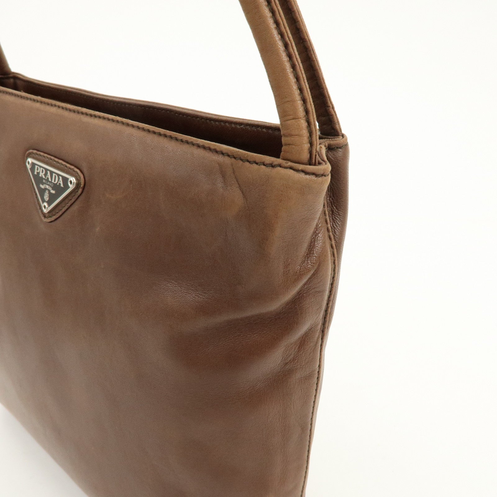 PRADA Triangle Logo Leather Shoulder Bag Crossbody Bag Brown