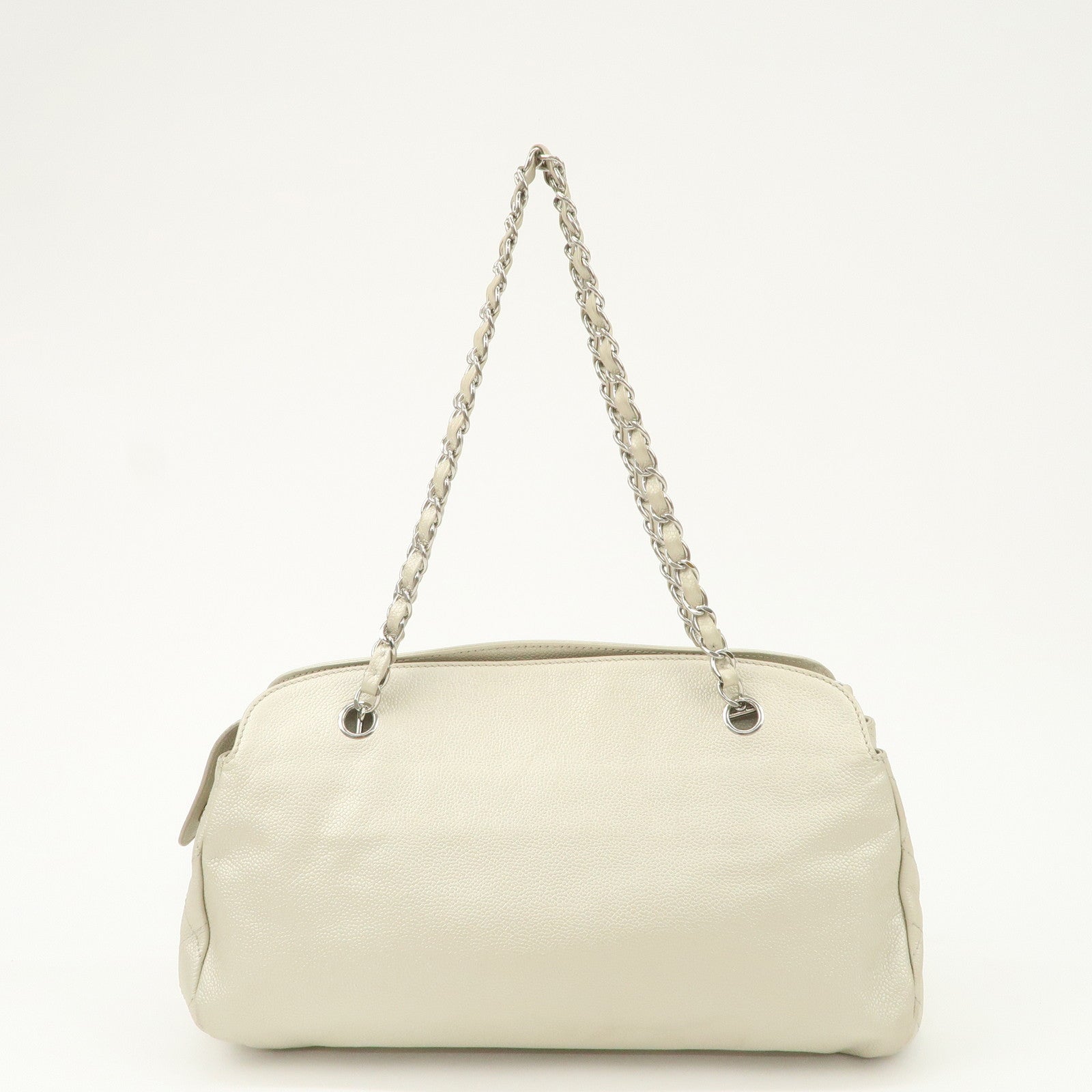 CHANEL Logo Caviarskin Chain Shoulder Bag White Silver HDW