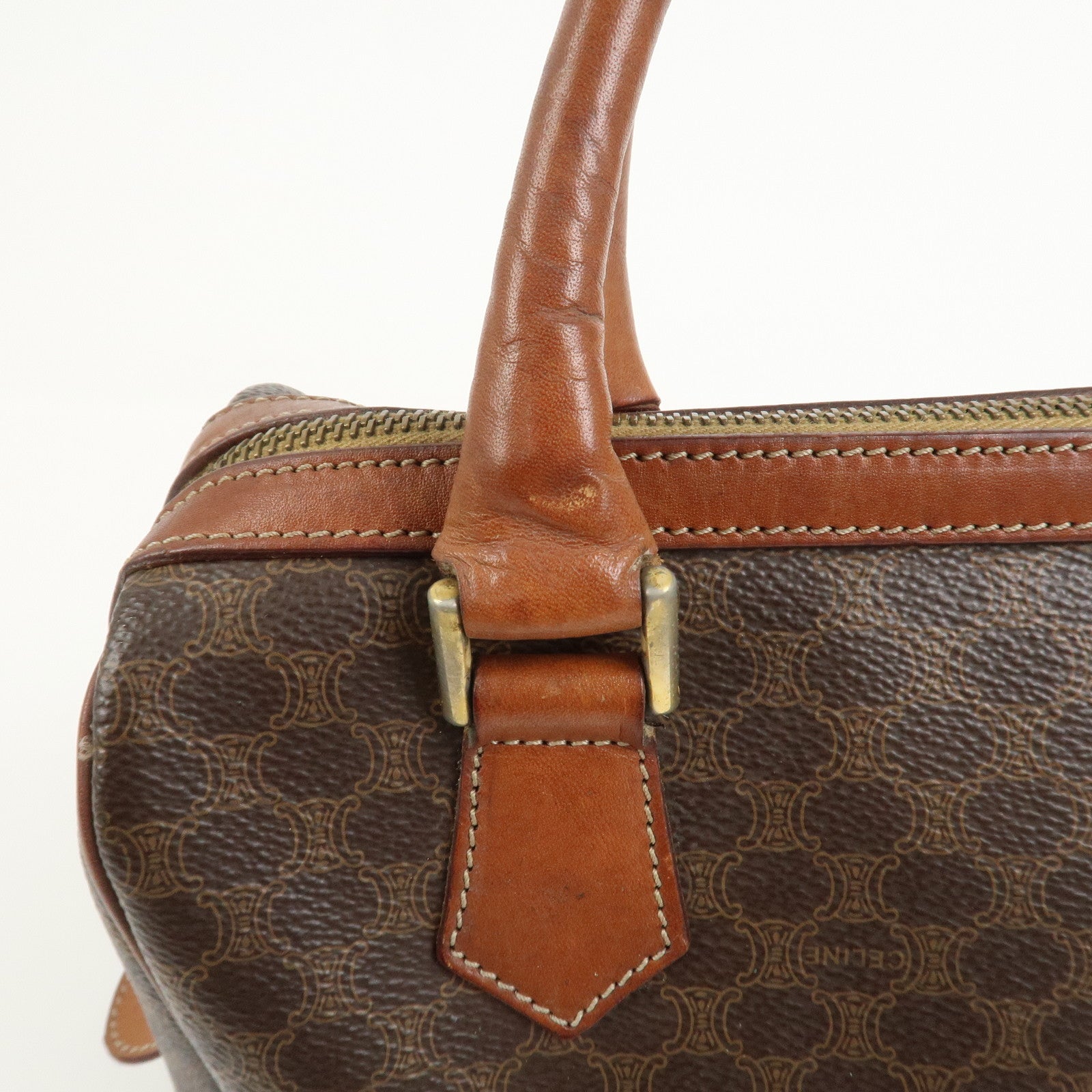 CELINE Macadam PVC Canvas Leather Boston Bag Hand Bag Brown