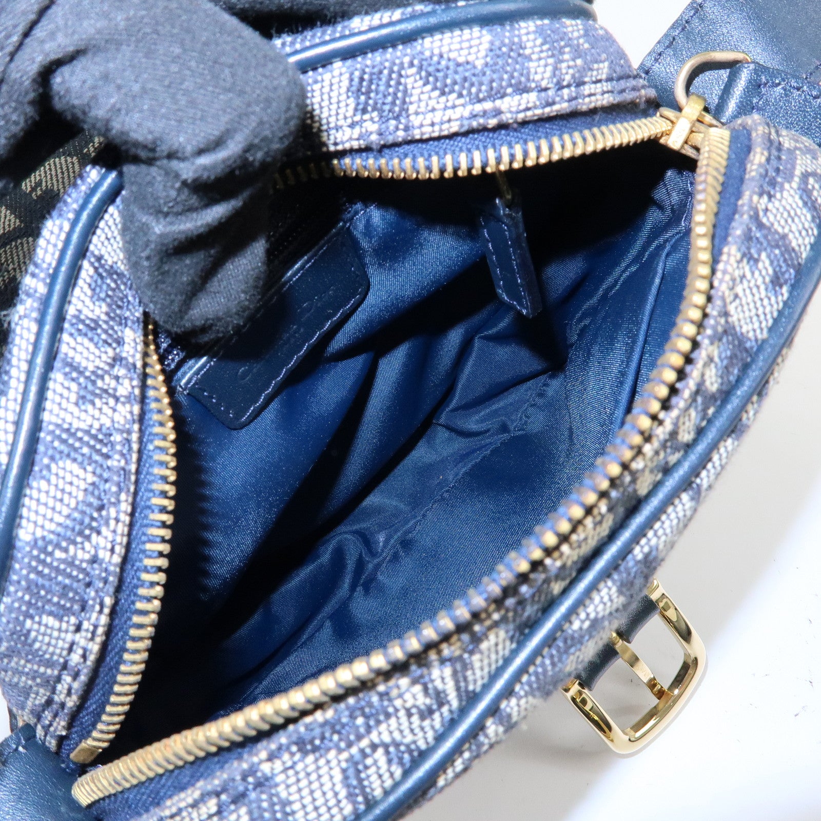 Christian Dior Trotter Jacquard Leather Shoulder Crossbody Bag Navy