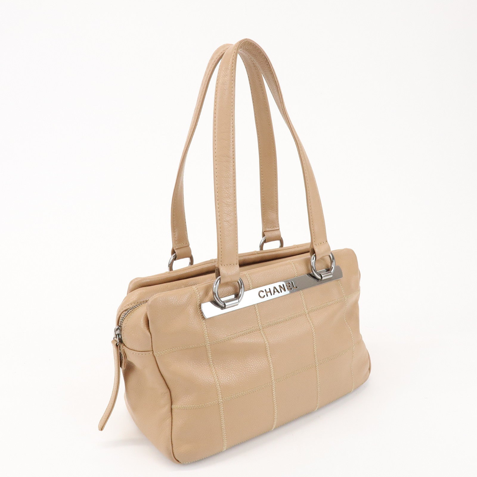 CHANEL Chocolate Bar Caviarskin Boston Bag Shoulder Bag Beige