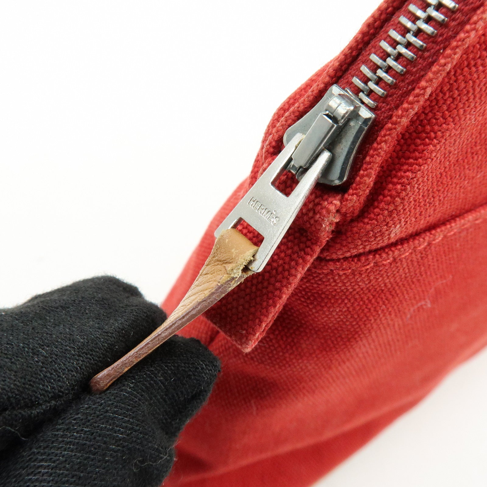 HERMES Bolide Cotton Leather Pouch Cosmetic Pouch Red