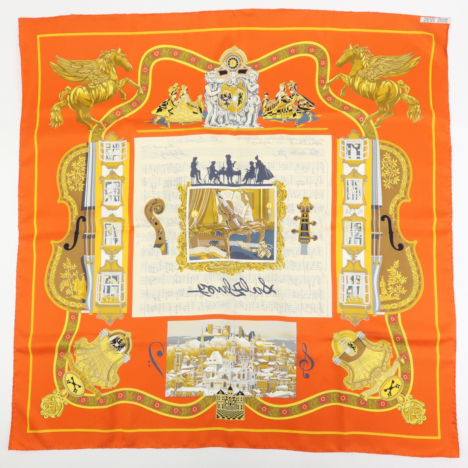 HERMES Carre 90 Silk 100% Scarf IN SALZBURG Orange Gold Brown