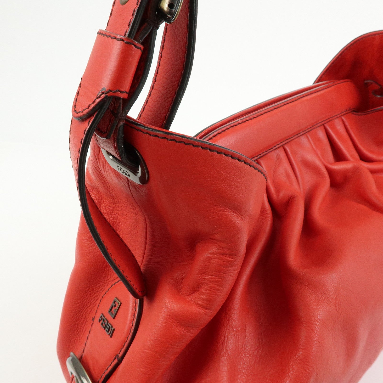 FENDI Logo Leather Shoulder Bag Hand Bag Doctor's Bag Red 8BR579