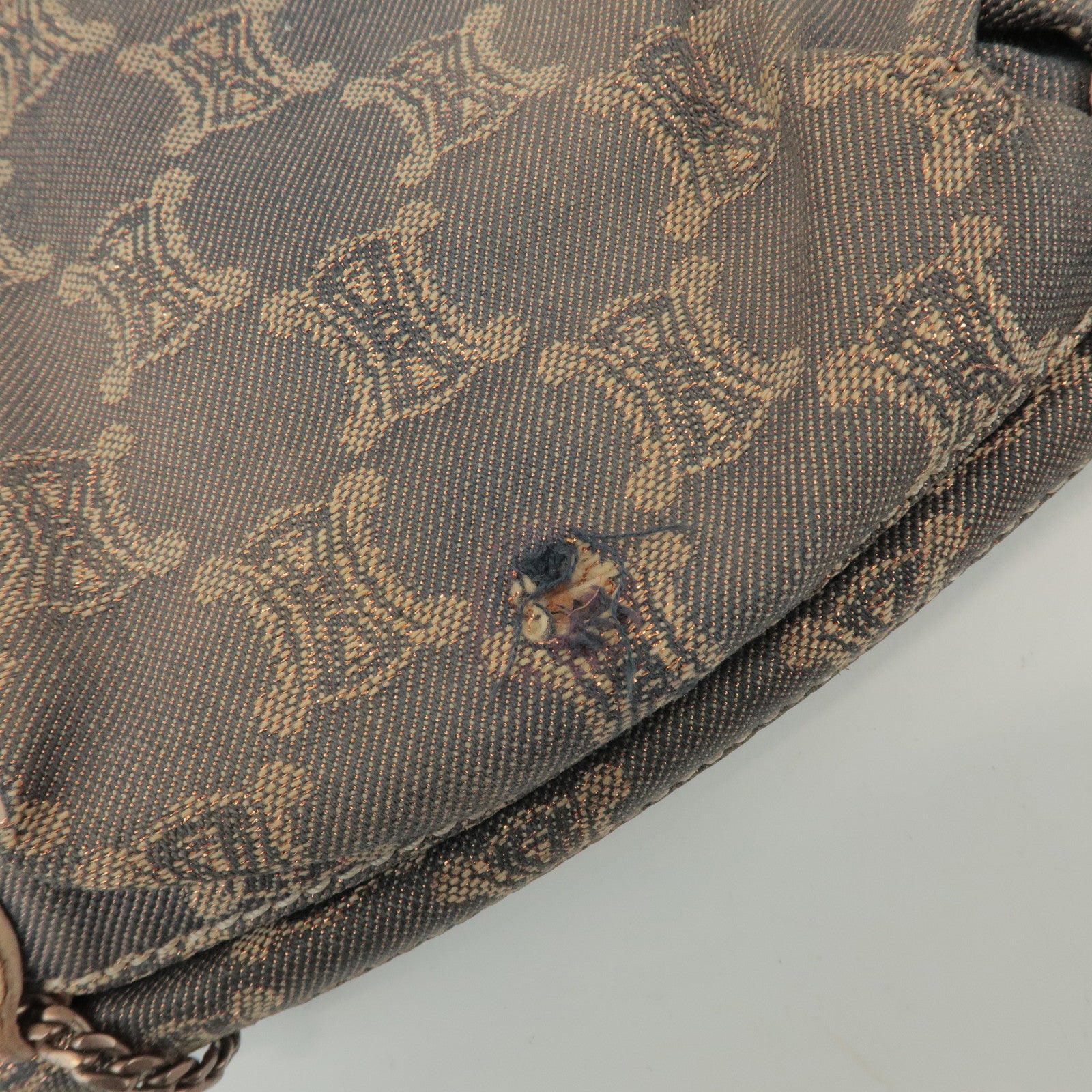 CELINE Macadam Denim Leather Shoulder Bag Metallic Pink Beige