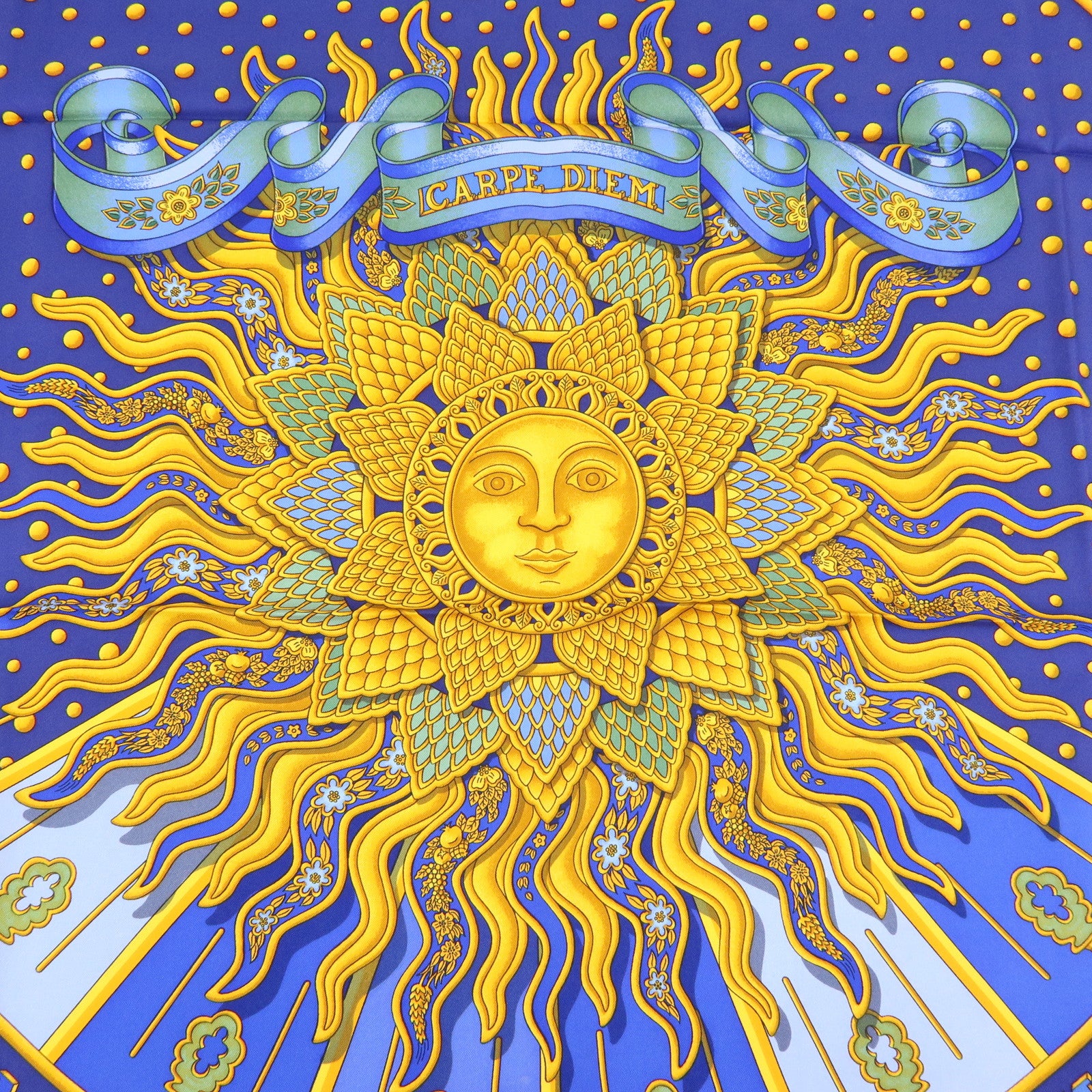 HERMES Carre 90 Silk 100% CARPE DIEM Scarf Navy Blue Yellow