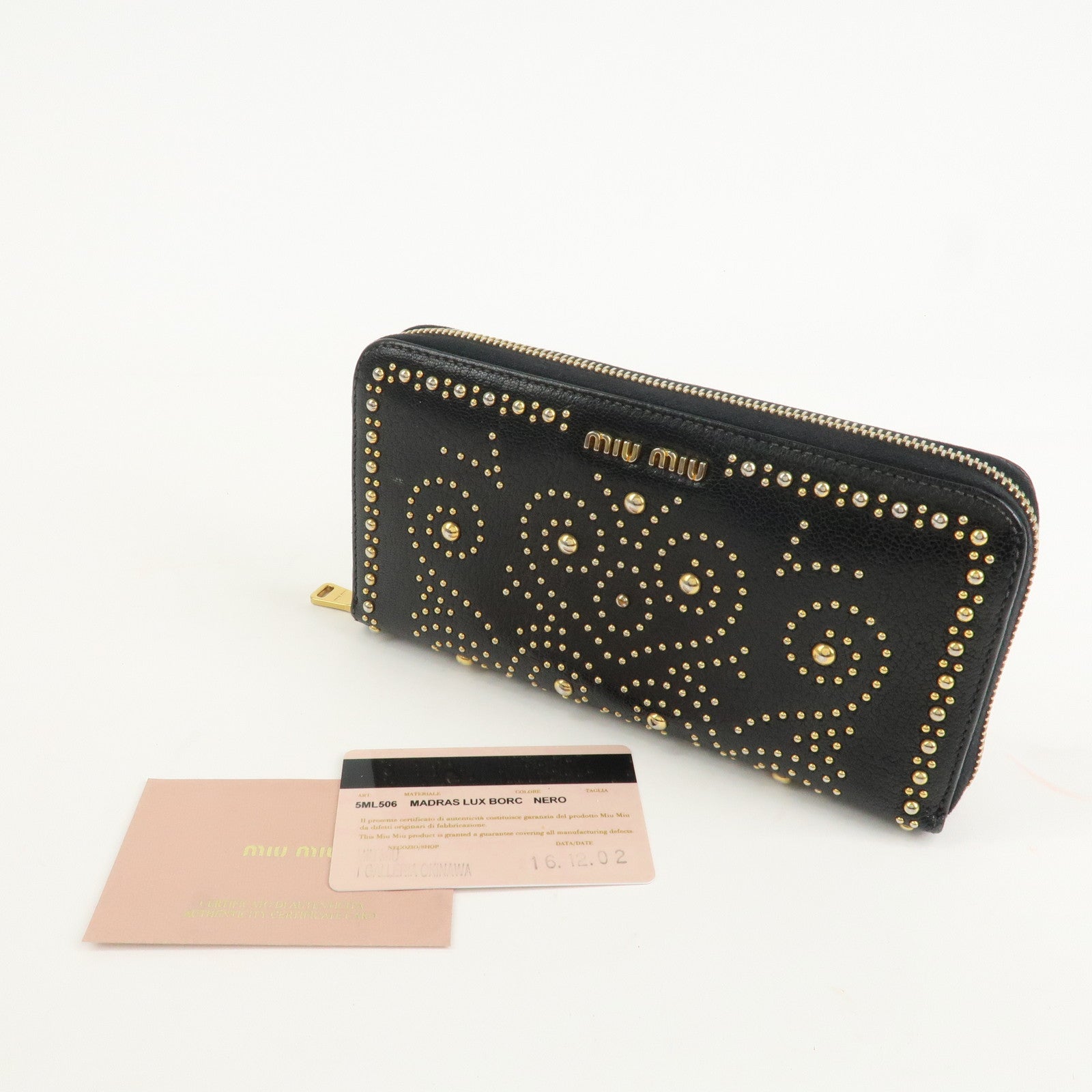 MIU MIU Leather Studs Round Zippy Long Wallet Black 5ML506 Used