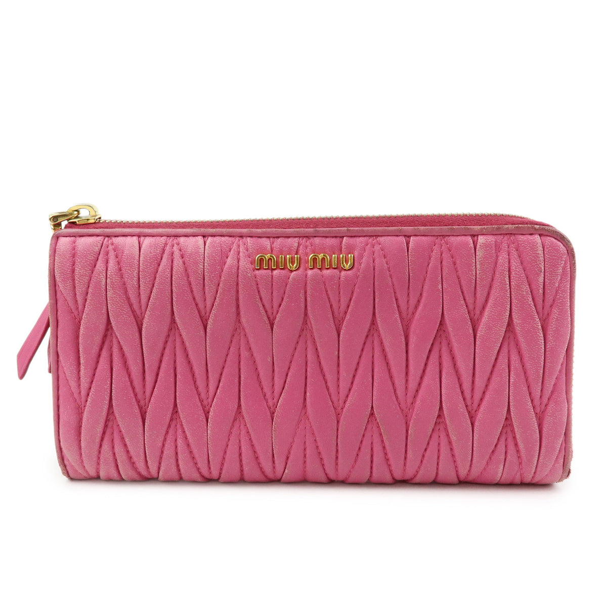 MIU MIU Logo Matelasse Nappa Leather Zippy Long Wallet Pink