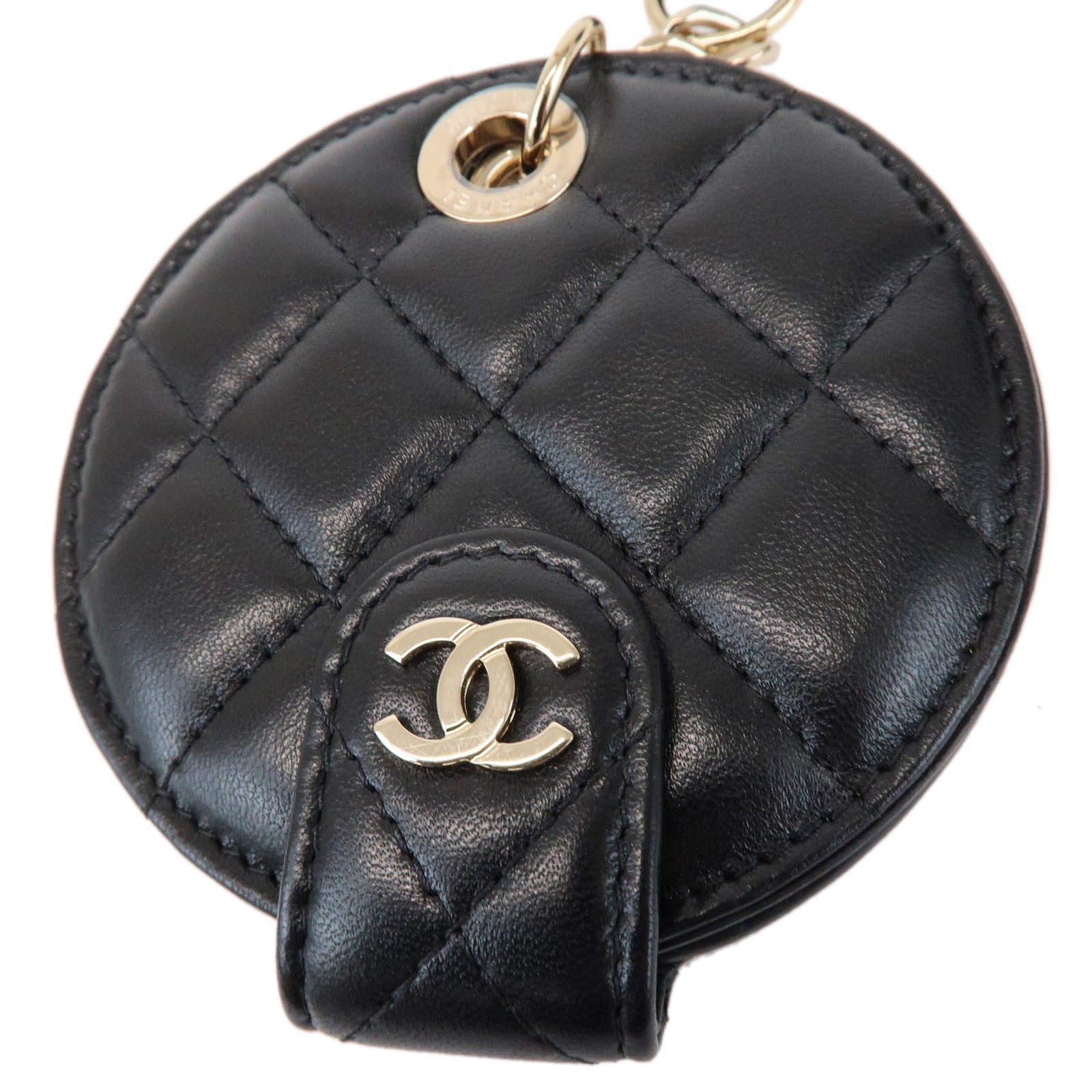 CHANEL Matelasse COCO Mark Lamb Skin Bag Charm Key Chain Black