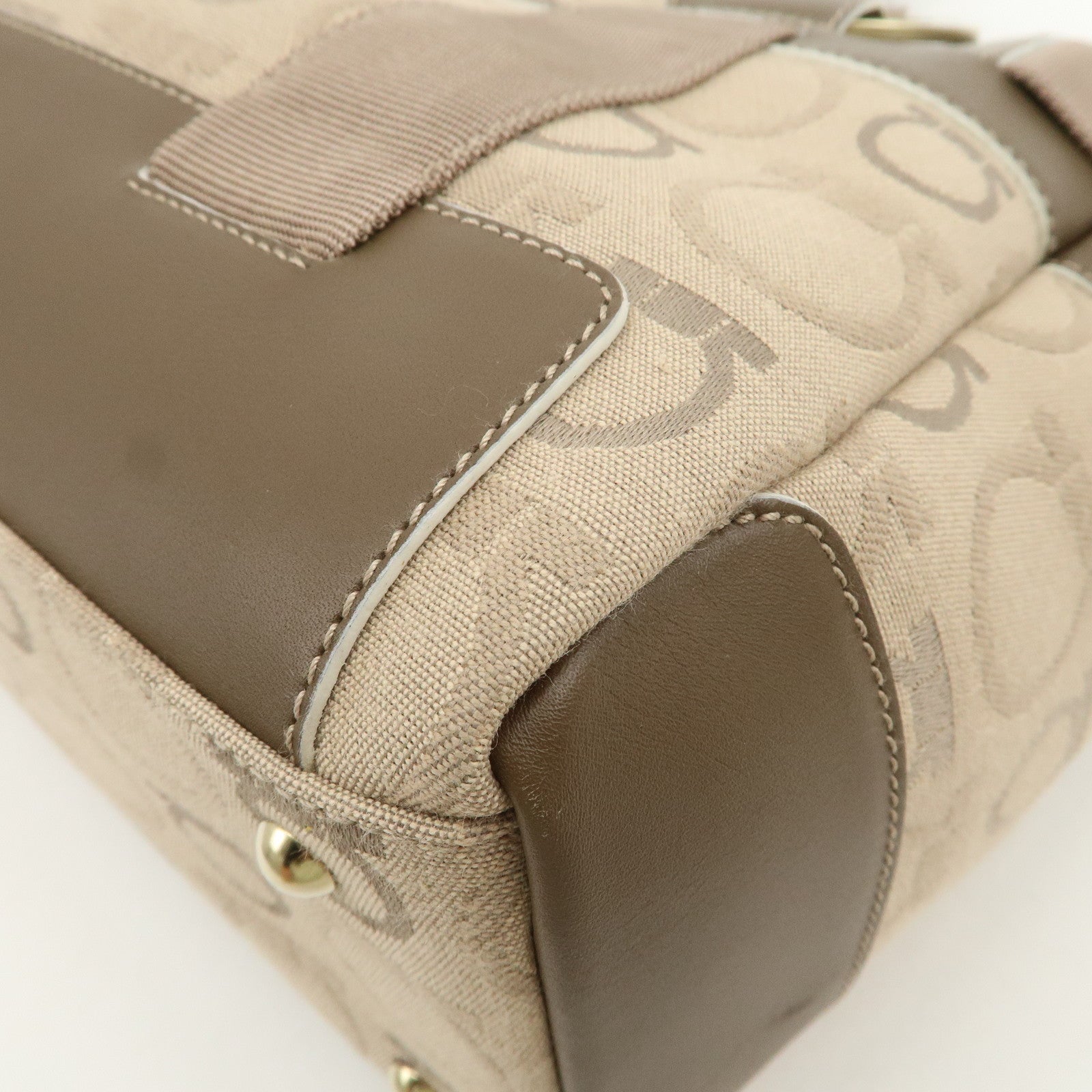 Ferragamo Gancini Canvas Leather Tote Bag Shoulder Bag Beige Brown