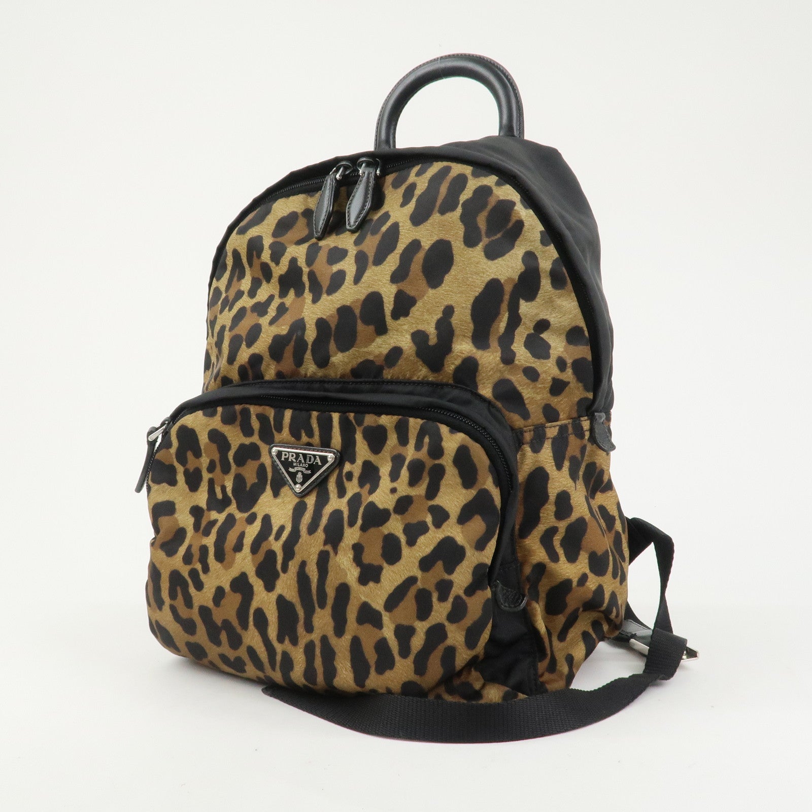 PRADA Nylon Leather Backpack Rucksack Leopard Black 1BZ001