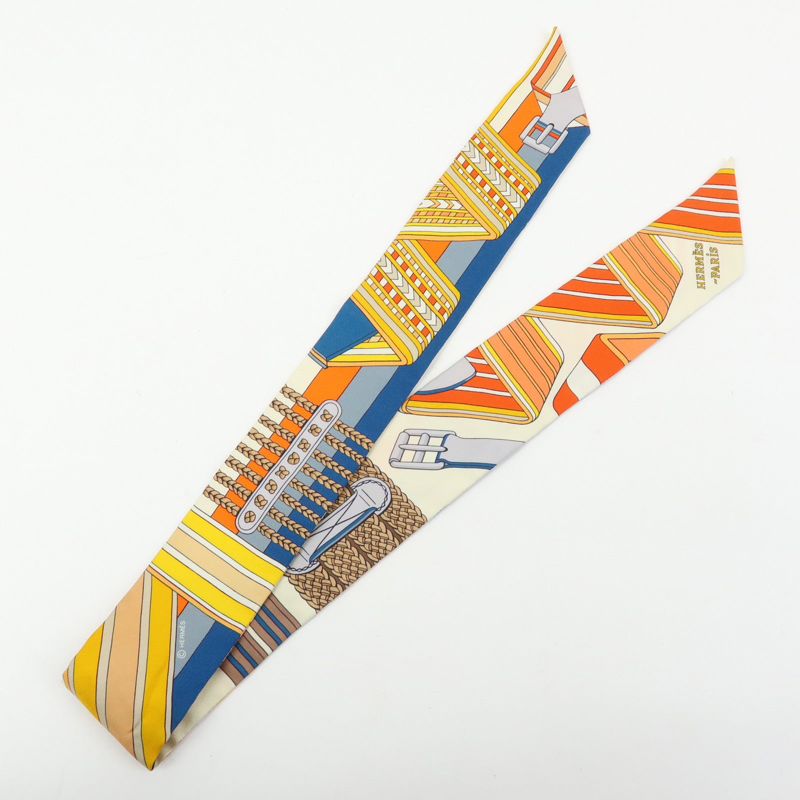 HERMES 100% Silk Twilly Scarf Sangles en Zigzag Orange Blue Ivory