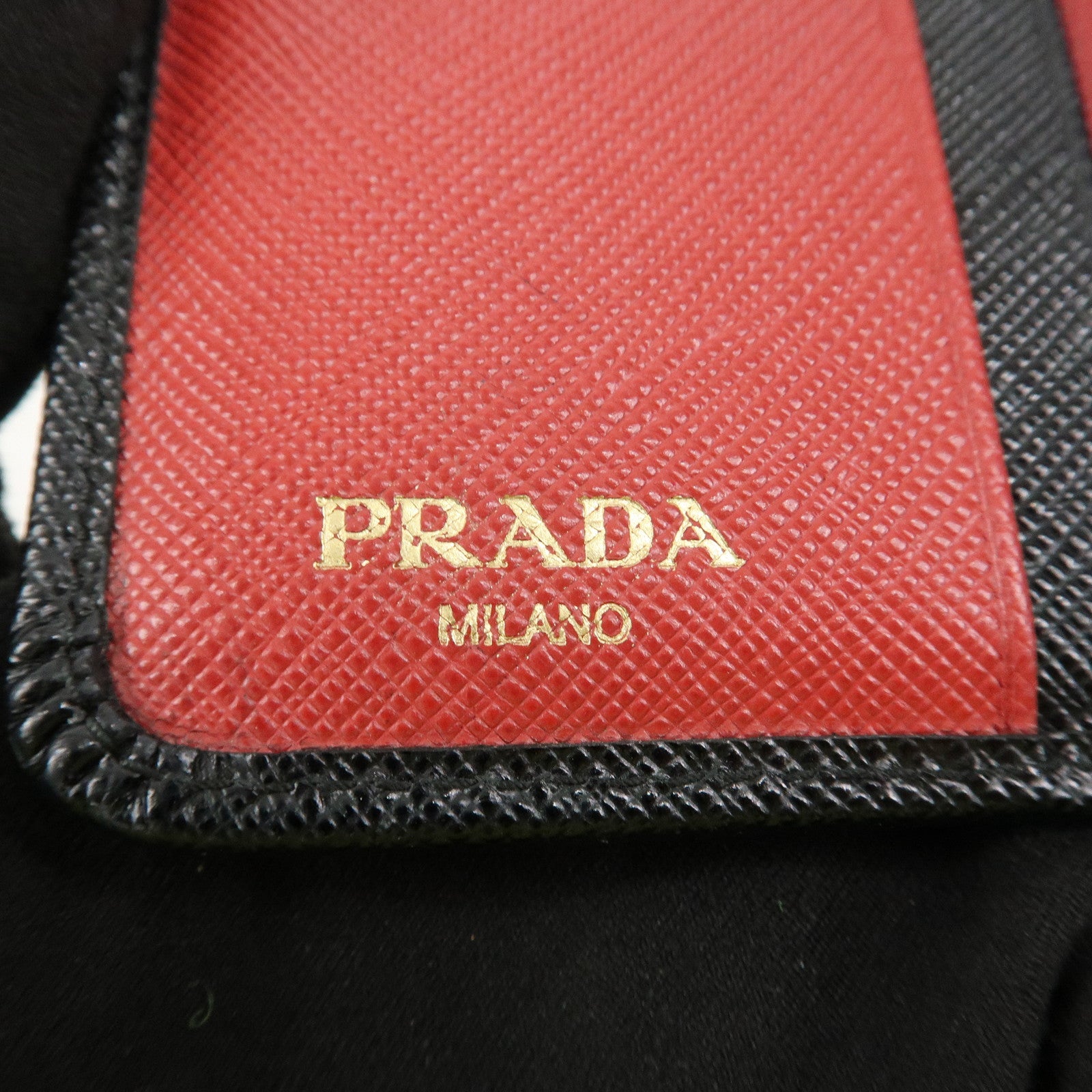 PRADA Saffiano Leather Bi-Fold Wallet Black Red Gold 1ML018 Used