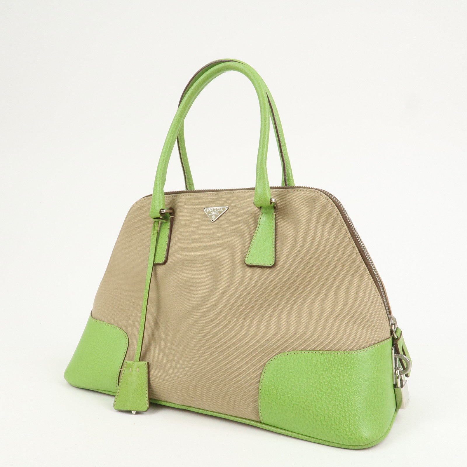 PRADA Canvas Leather Tote Bag Hand Bag Beige Light Green BN0082