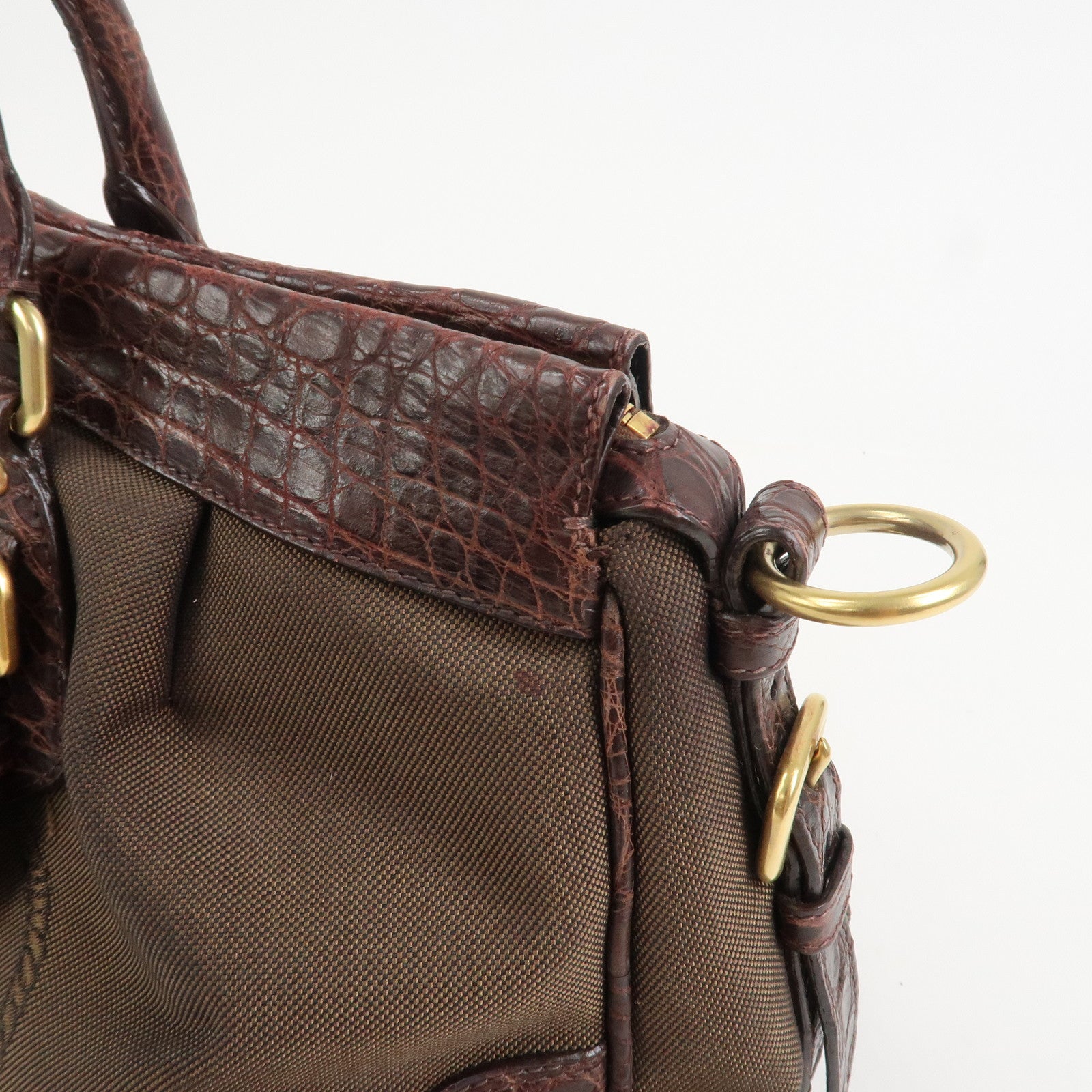 PRADA Logo Canvas Embossed Leather 2Way Shoulder Bag Hand Bag Brown