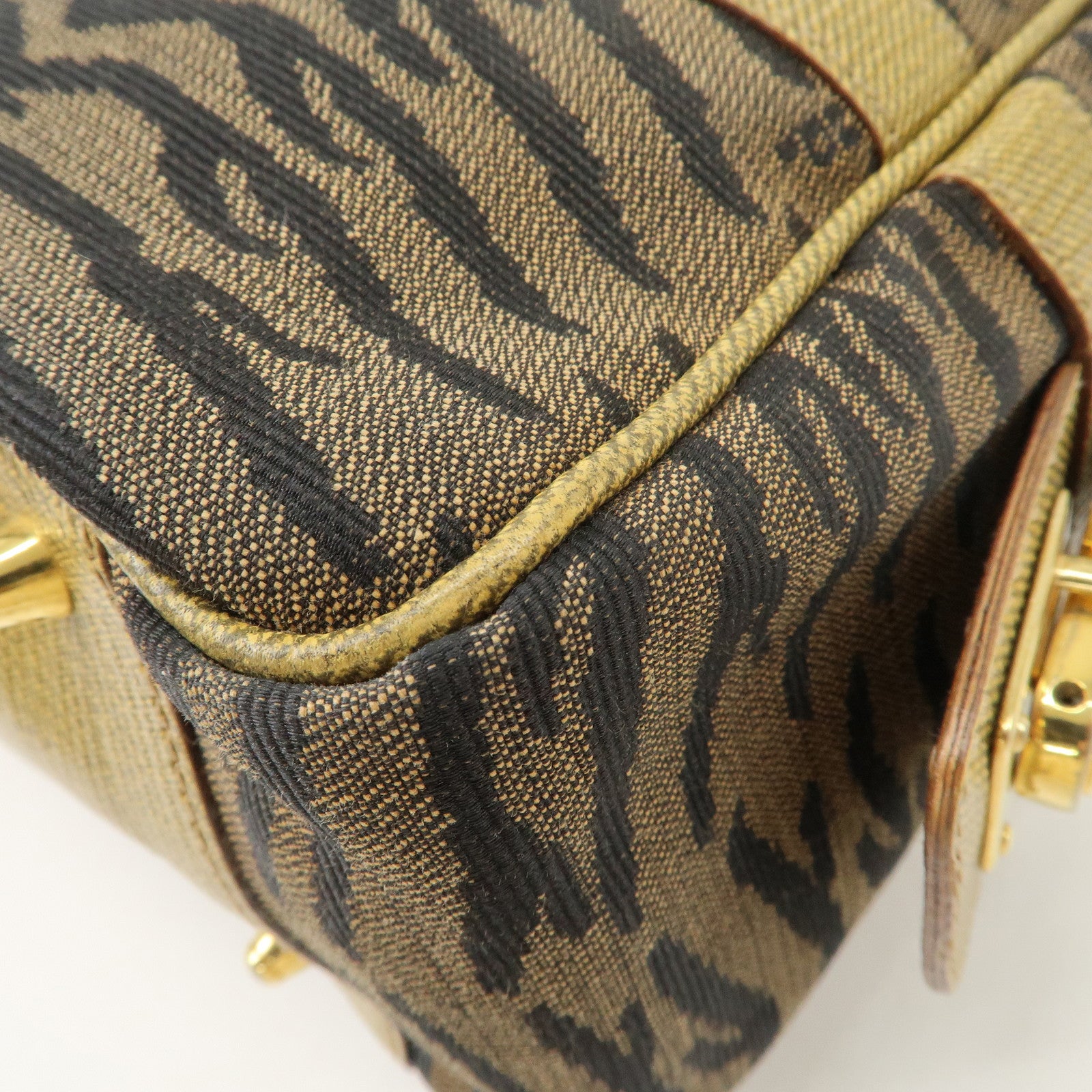 FENDI Leather Canvas 2Way Bag Hand Bag Zebra Print Black Brown Used