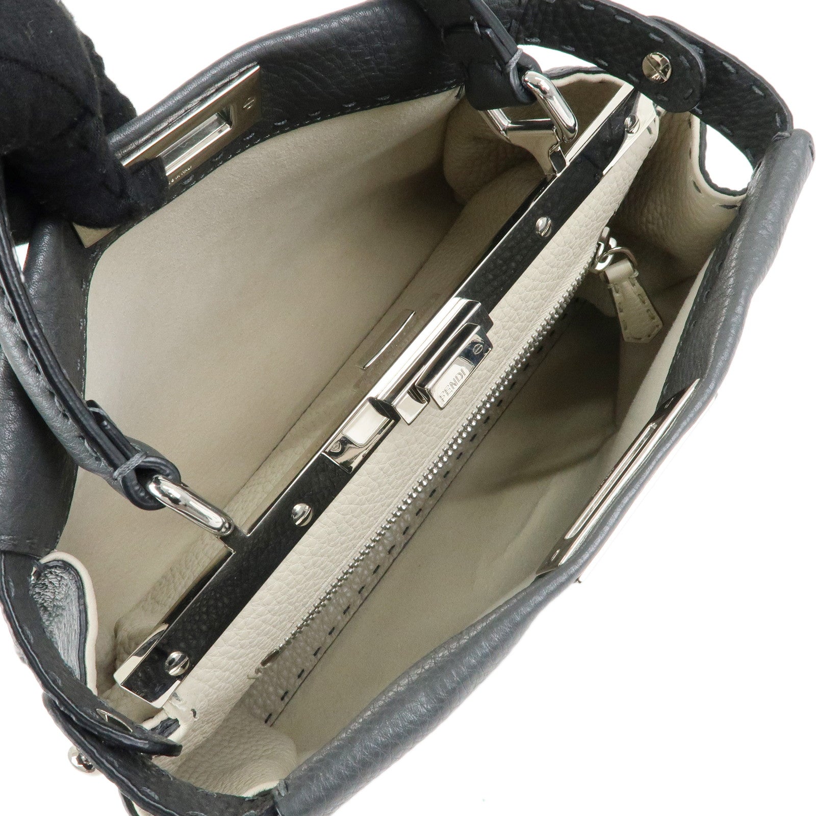 FENDI Selleria Leather 2Way Bag Hand Bag Shoulder Bag Grey 8BN290