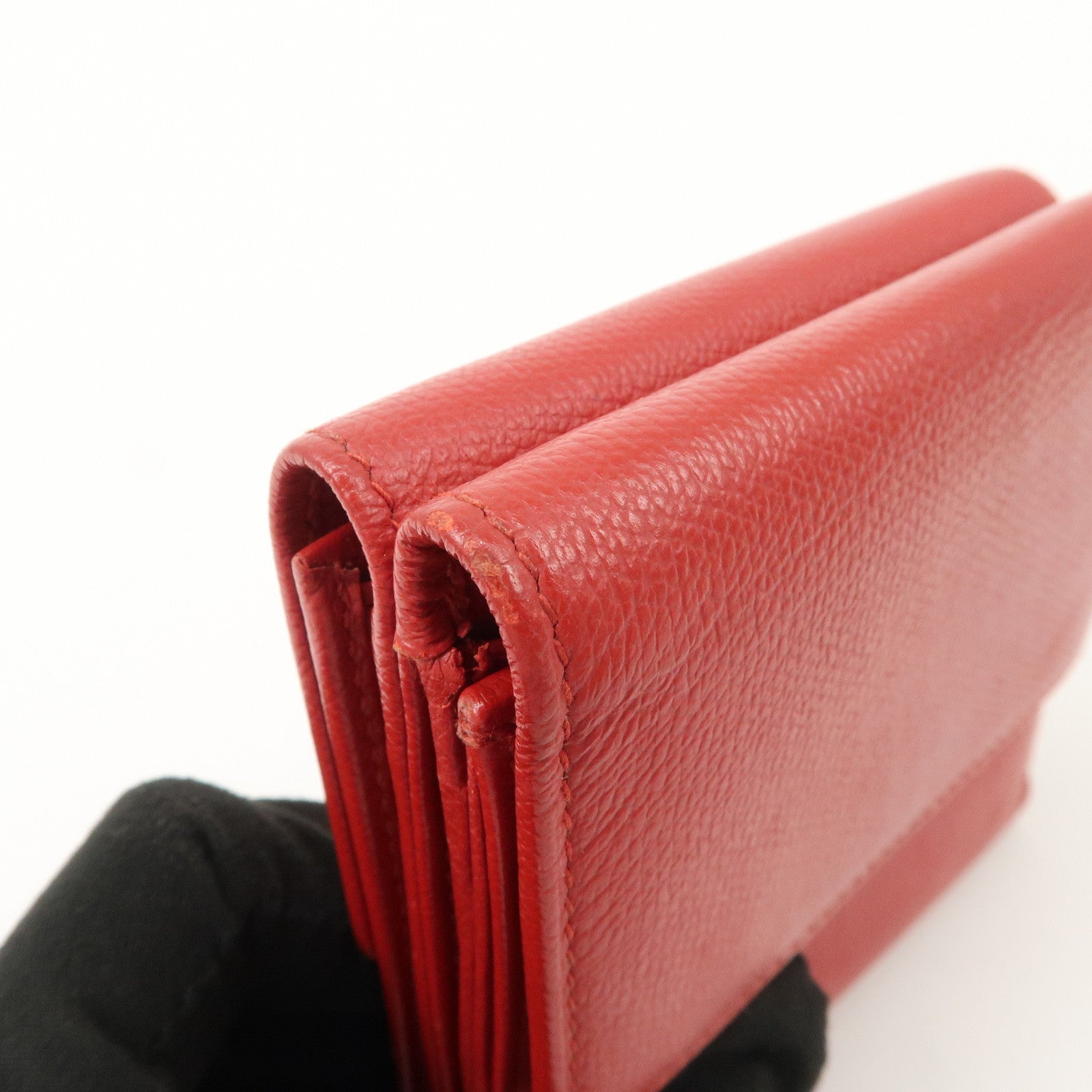 CHANEL COCO Button Leather Double Hook Compact Wallet Red A20902