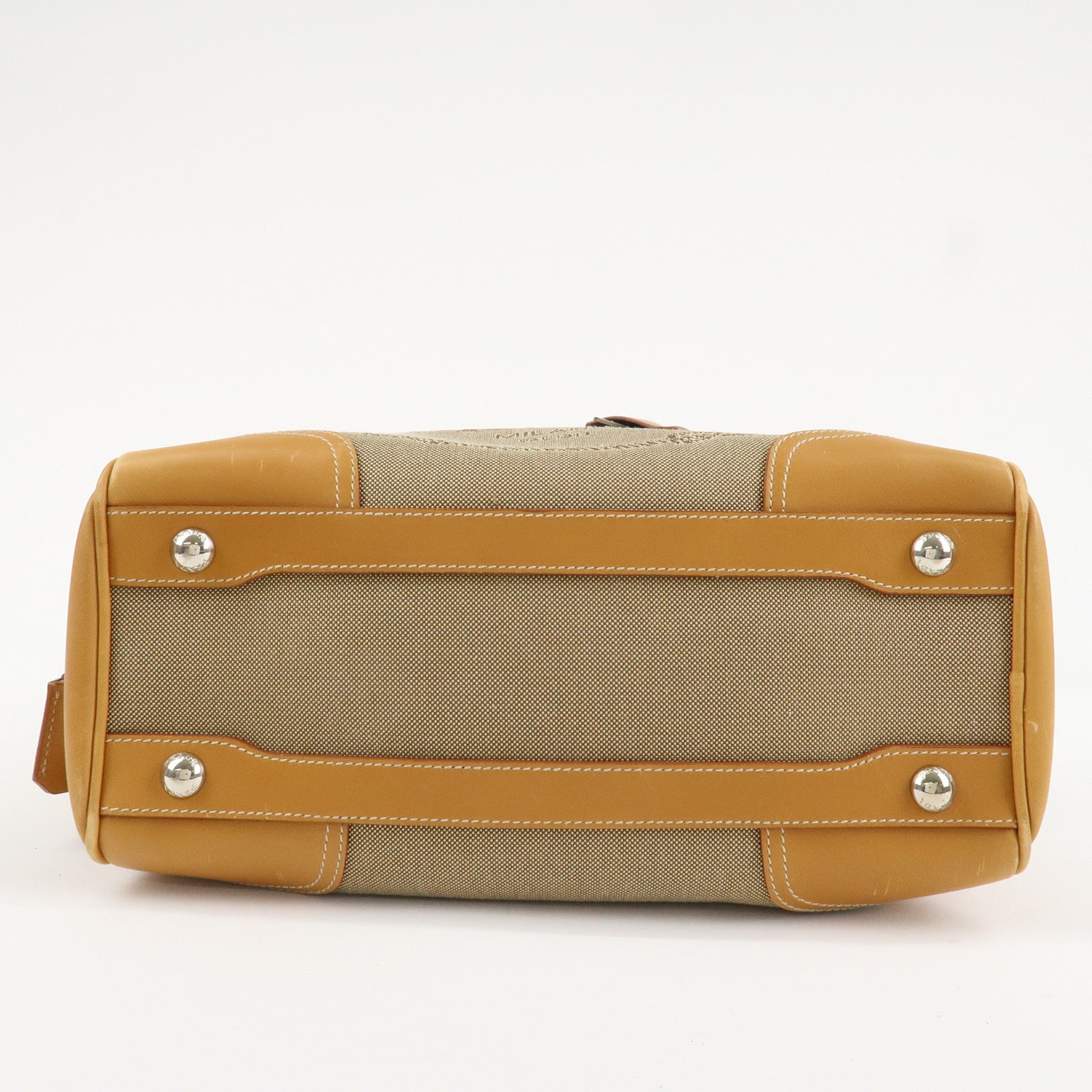 PRADA Logo Jacquard Leather Boston Bag Shoulder Bag Beige Used