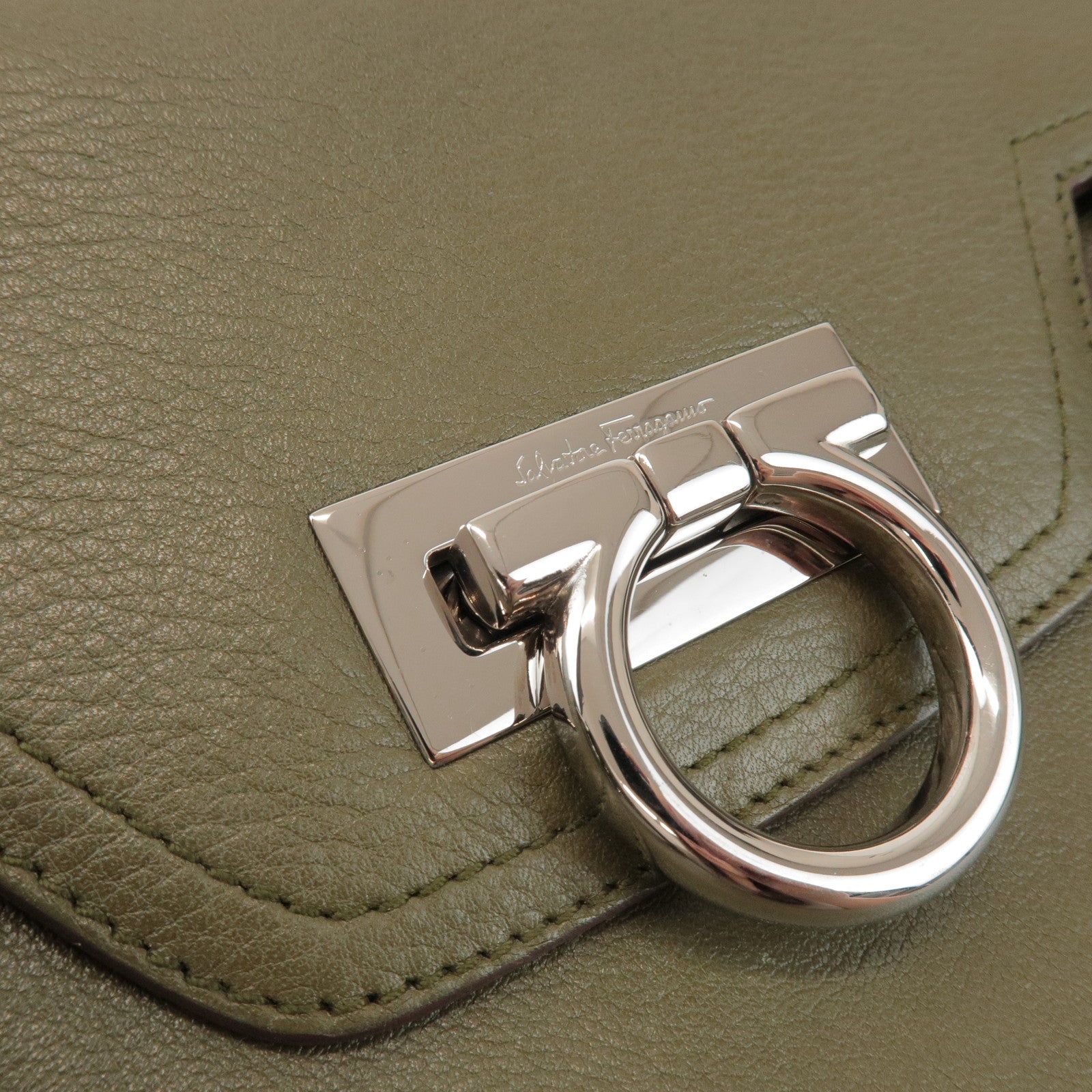 Ferragamo Gancini Leather Shoulder Bag Hand Bag Khaki