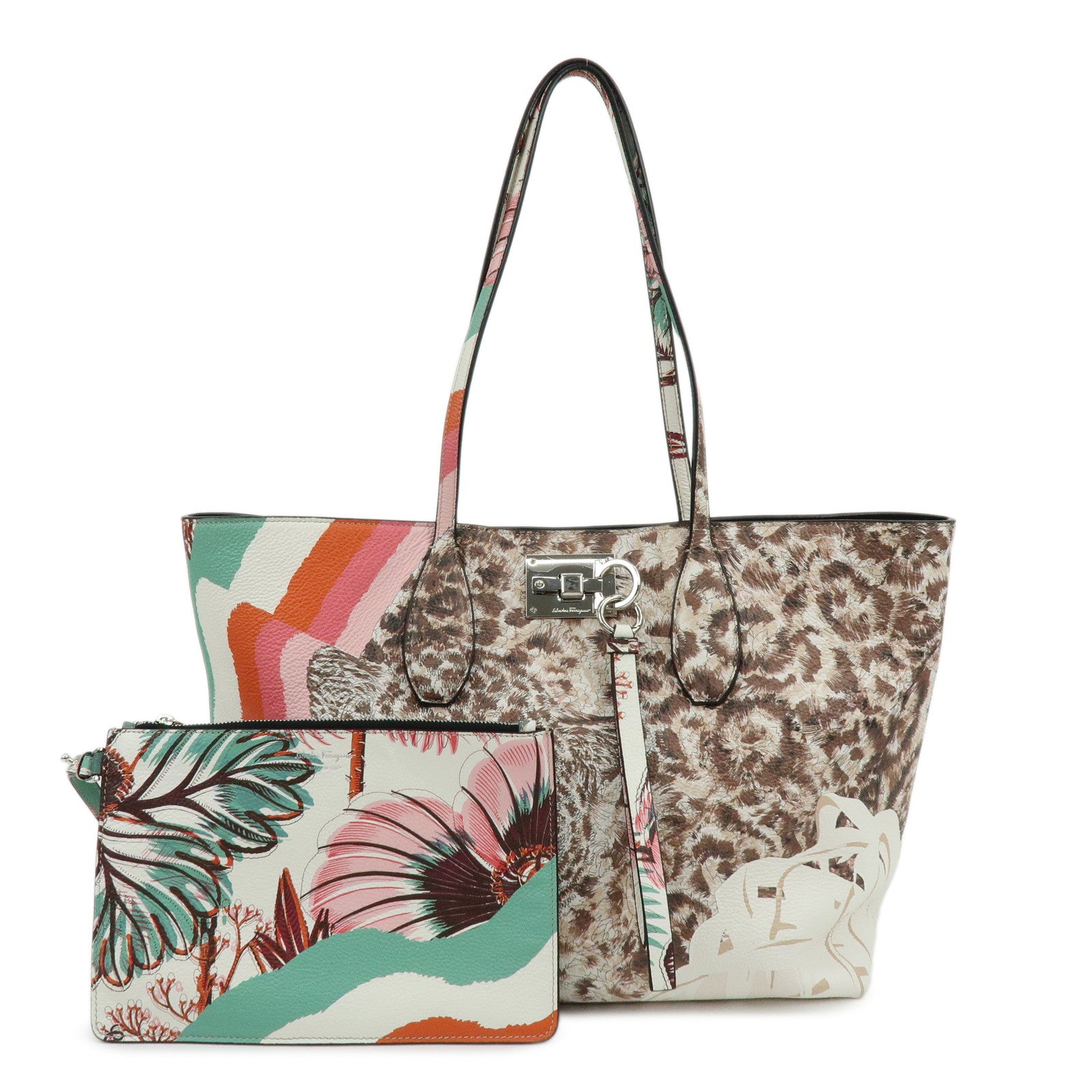 Ferragamo Gancini Leather Tote Bag Shoulder Bag Flower Print