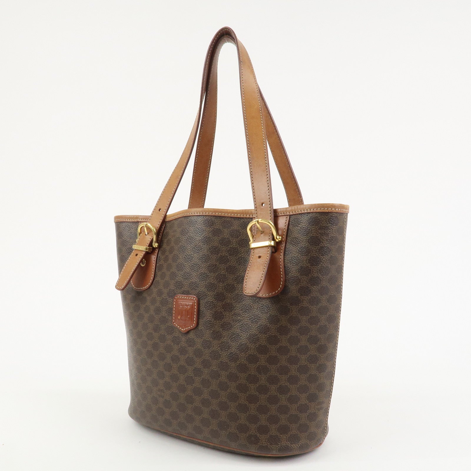 CELINE Macadam PVC Canvas Leather Tote Bag Hand Bag Brown